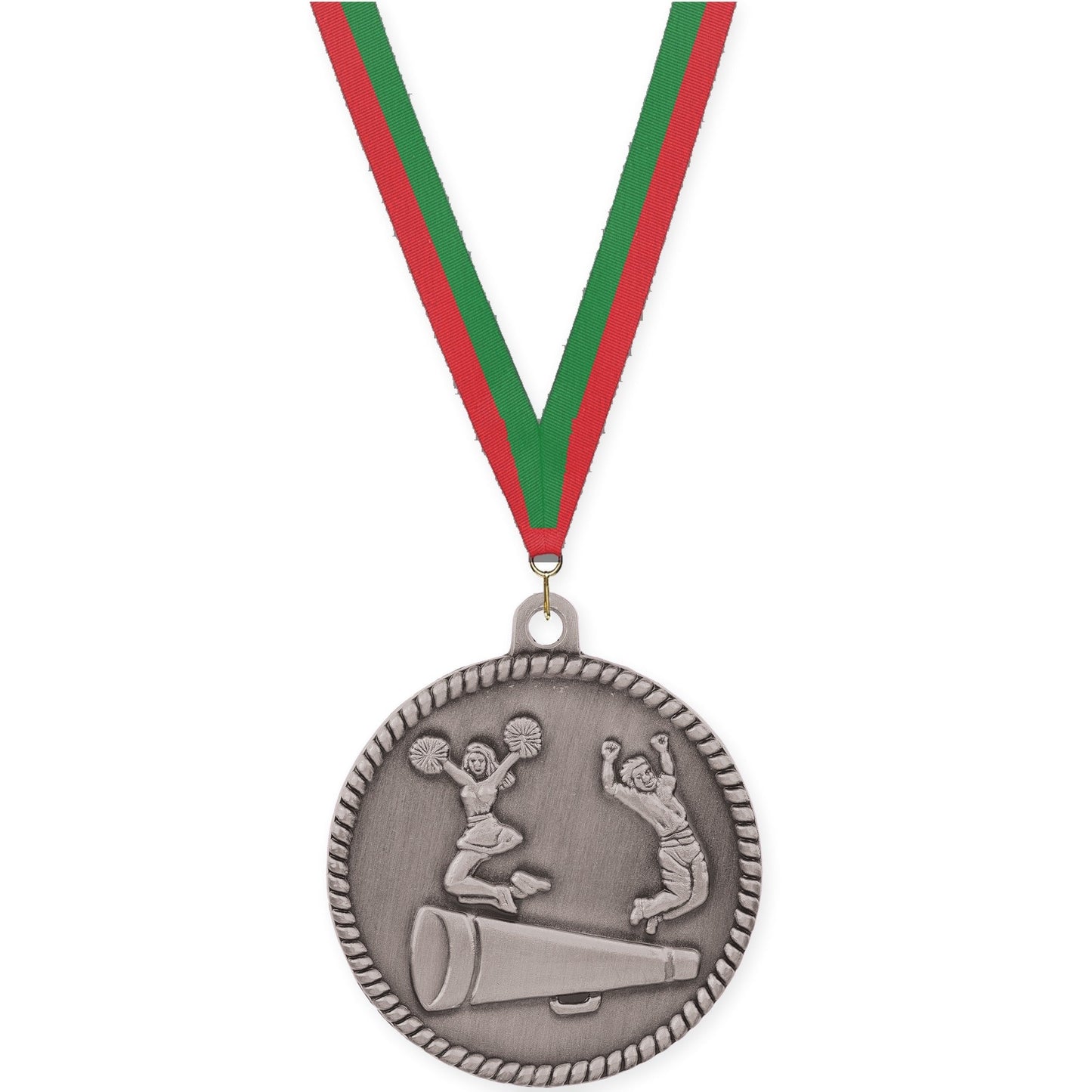 2 inch cheerleading High Relief medal in antique silver with Red Green neck ribbon