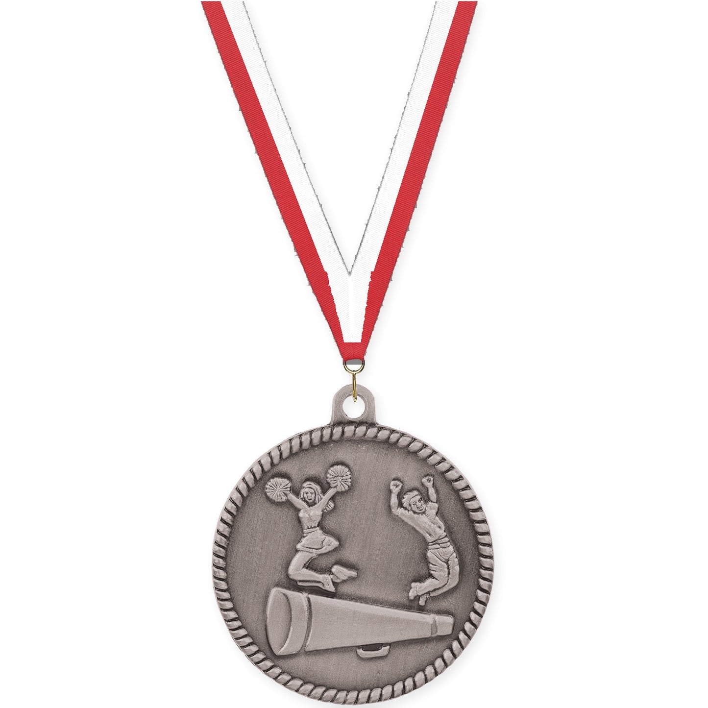 2 inch cheerleading High Relief medal in antique silver with Red White neck ribbon