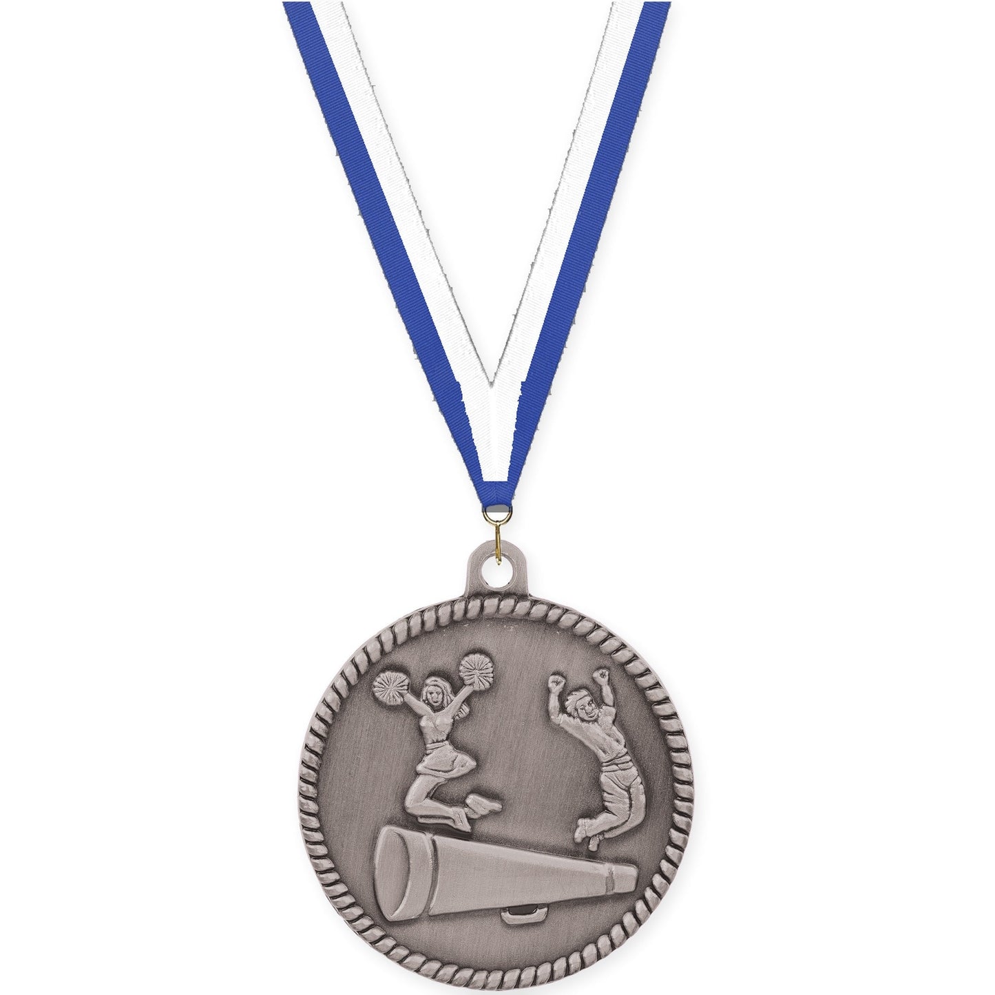 2 inch cheerleading High Relief medal in antique silver with Blue White neck ribbon