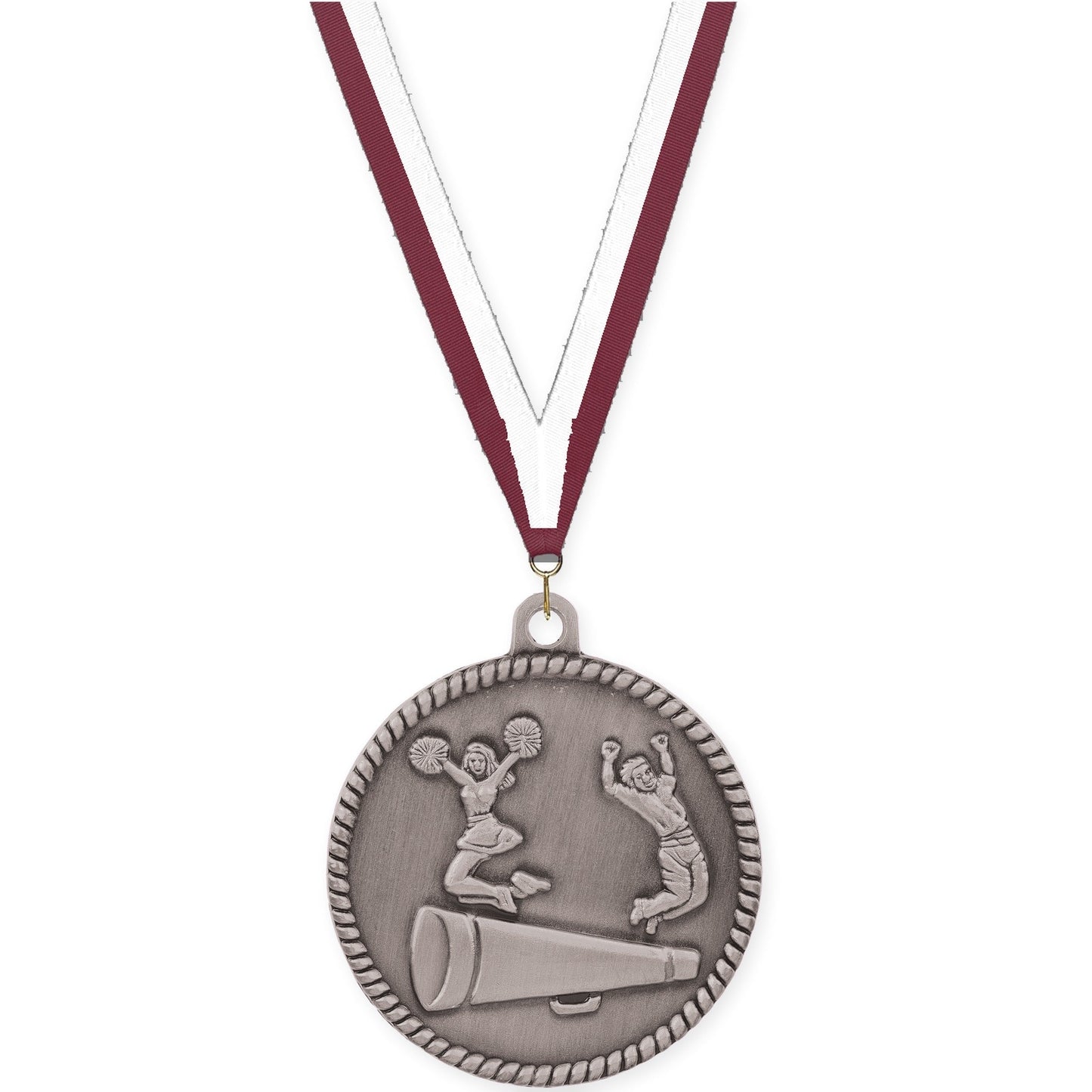 2 inch cheerleading High Relief medal in antique silver with Maroon White neck ribbon