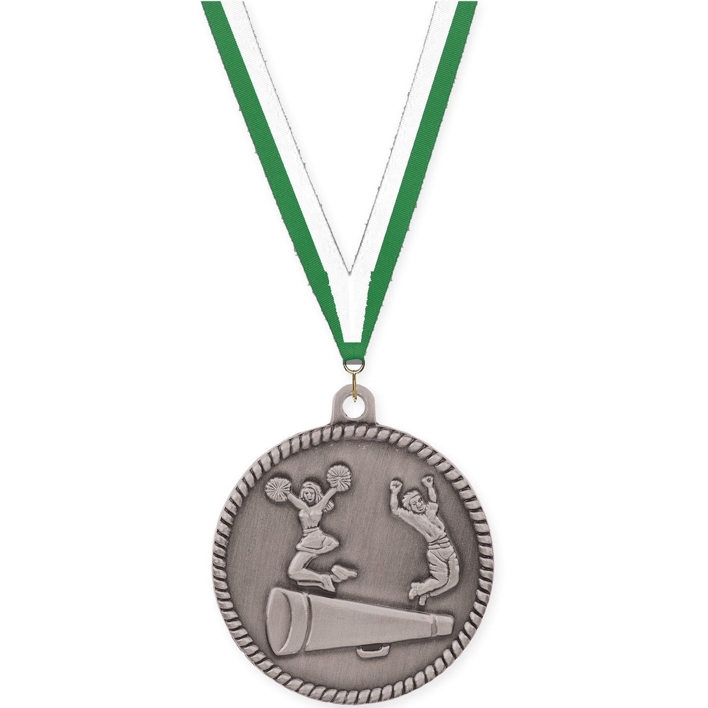 2 inch cheerleading High Relief medal in antique silver with Green White neck ribbon