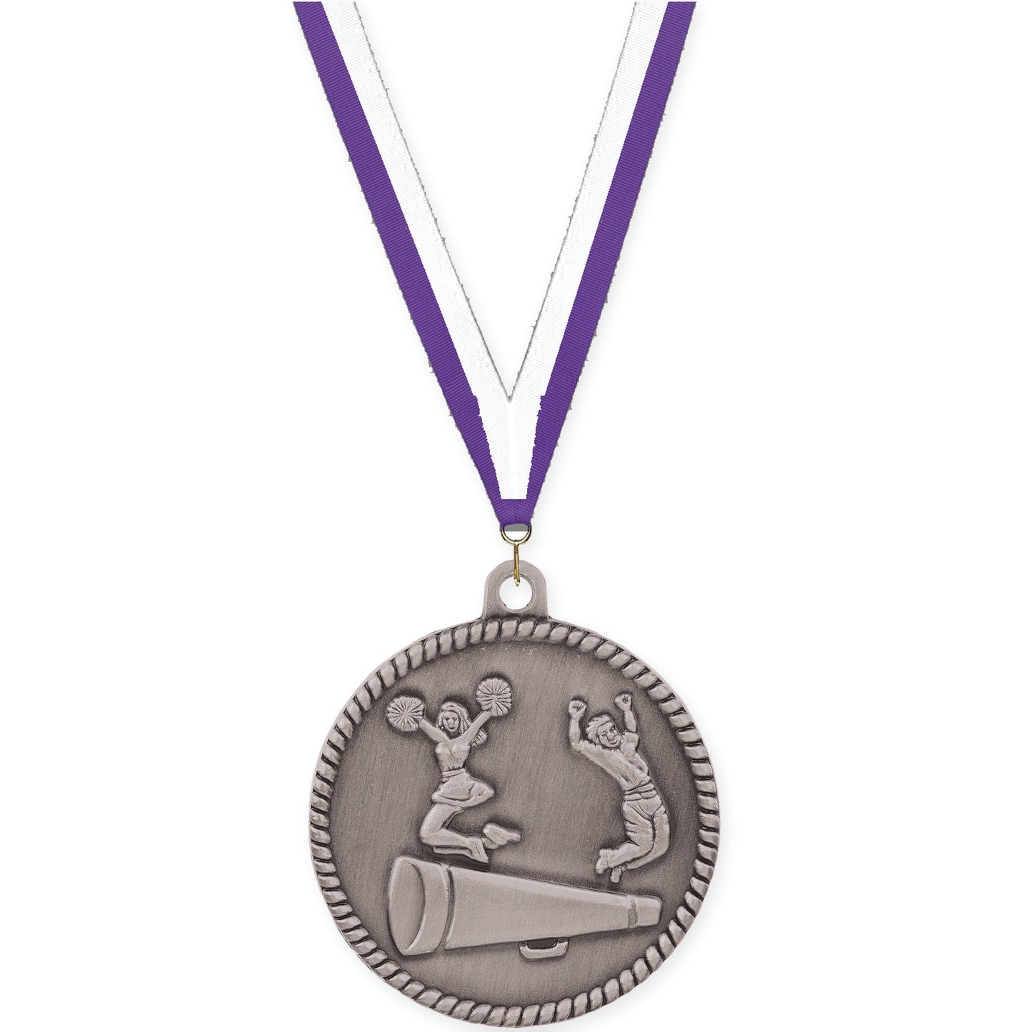 2 inch cheerleading High Relief medal in antique silver with Purple White neck ribbon