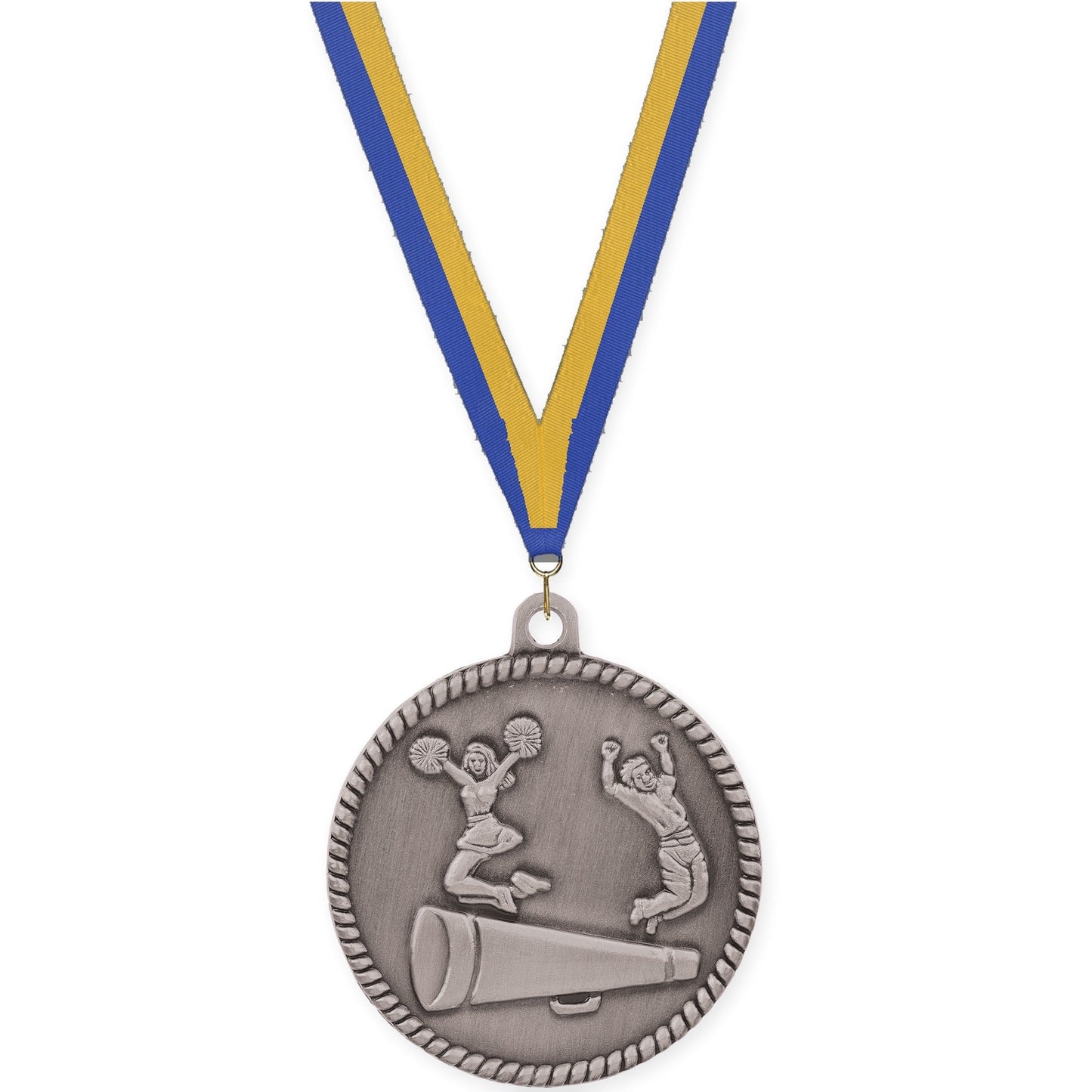 2 inch cheerleading High Relief medal in antique silver with Blue Gold neck ribbon