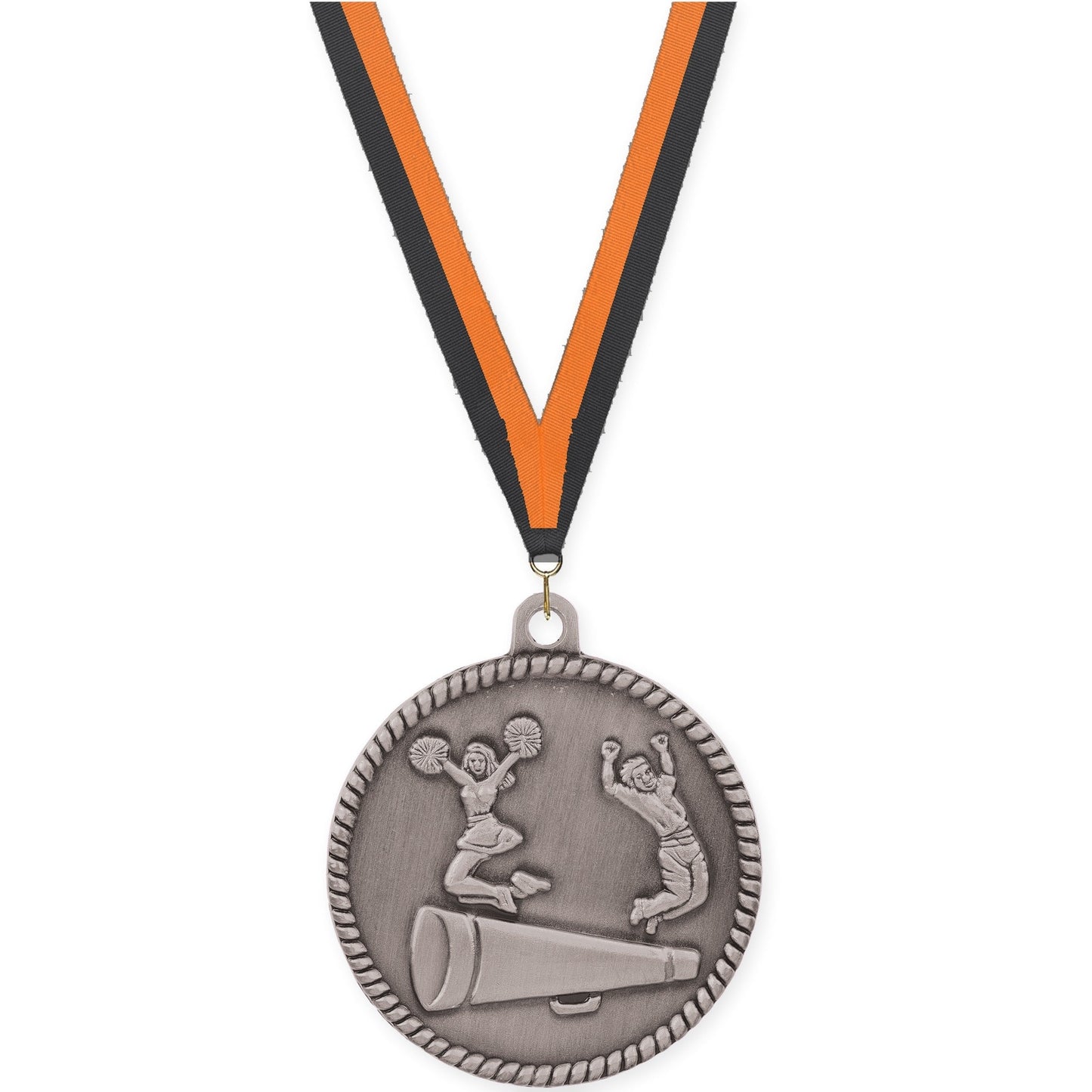 2 inch cheerleading High Relief medal in antique silver with Black Orange neck ribbon