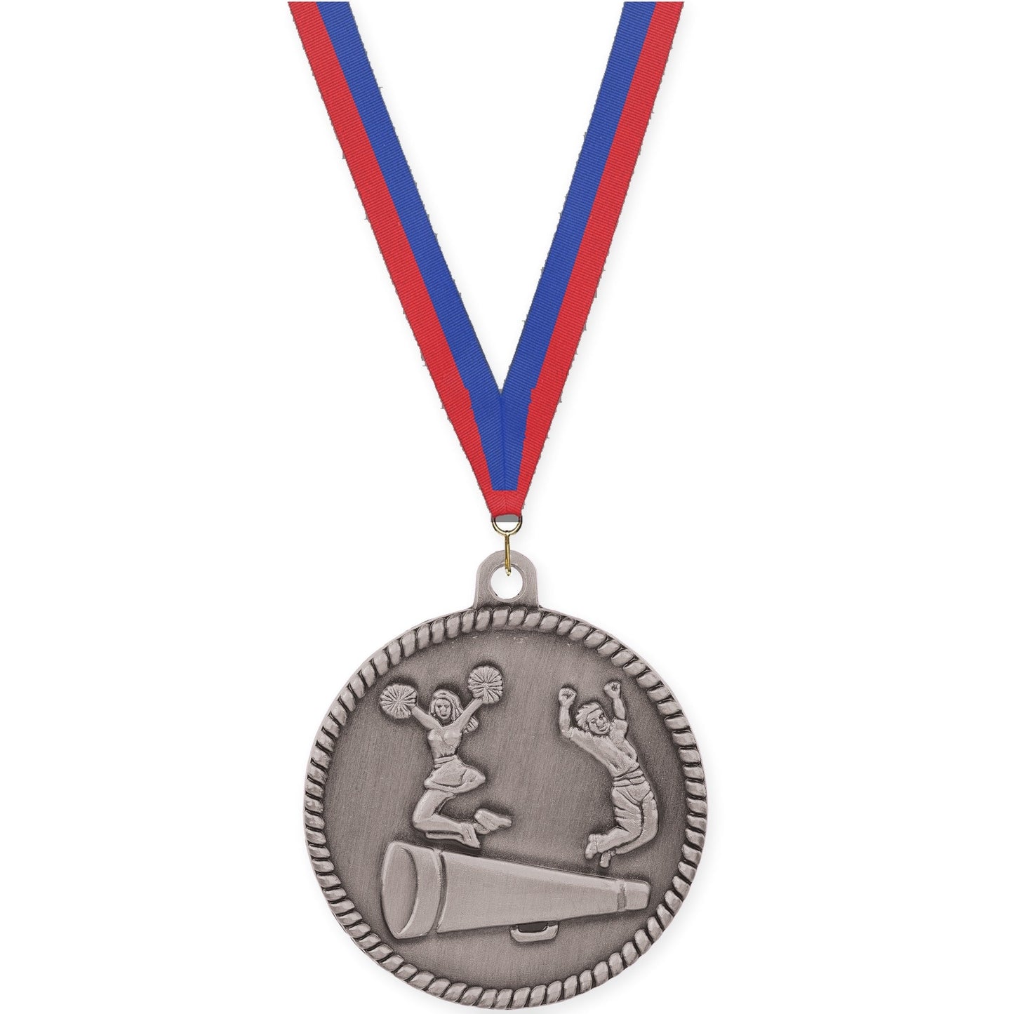 2 inch cheerleading High Relief medal in antique silver with Blue Red neck ribbon