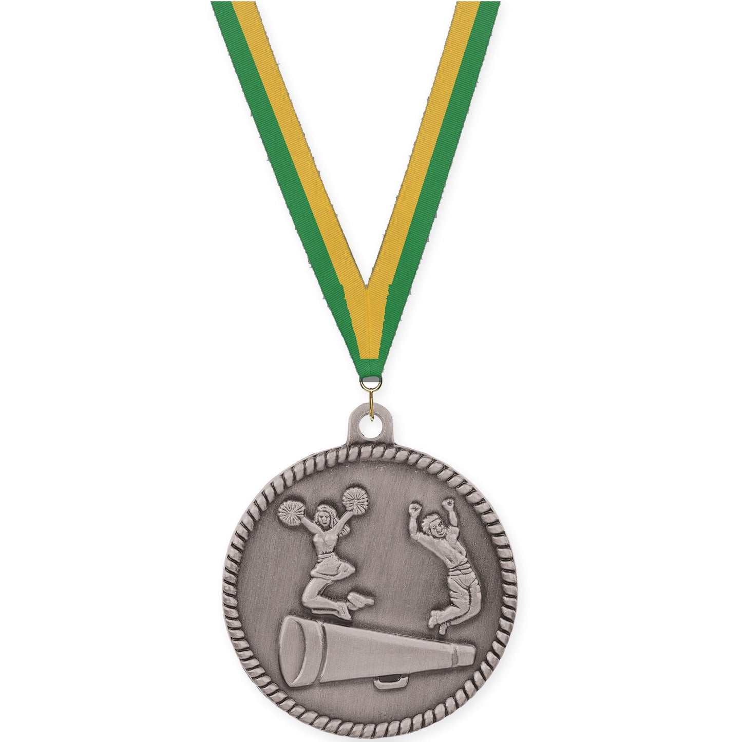 2 inch cheerleading High Relief medal in antique silver with Green Gold neck ribbon