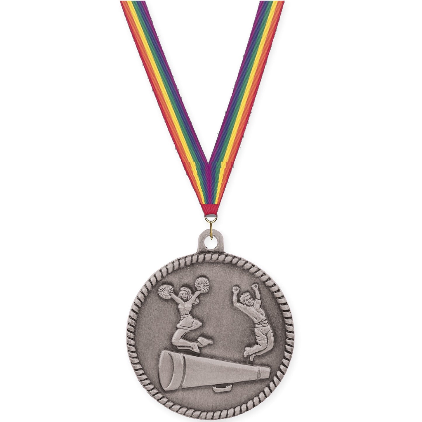 2 inch cheerleading High Relief medal in antique silver with Rainbow neck ribbon