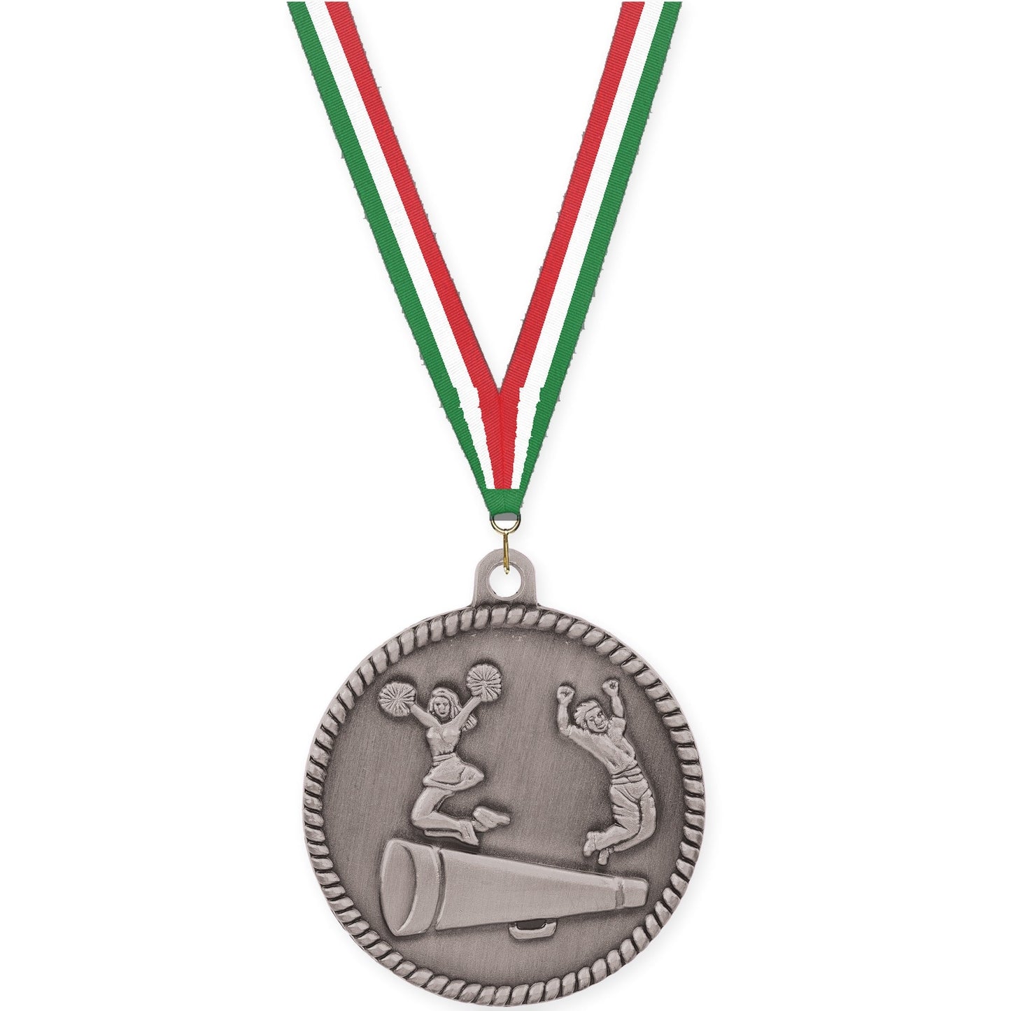 2 inch cheerleading High Relief medal in antique silver with Green White Red neck ribbon