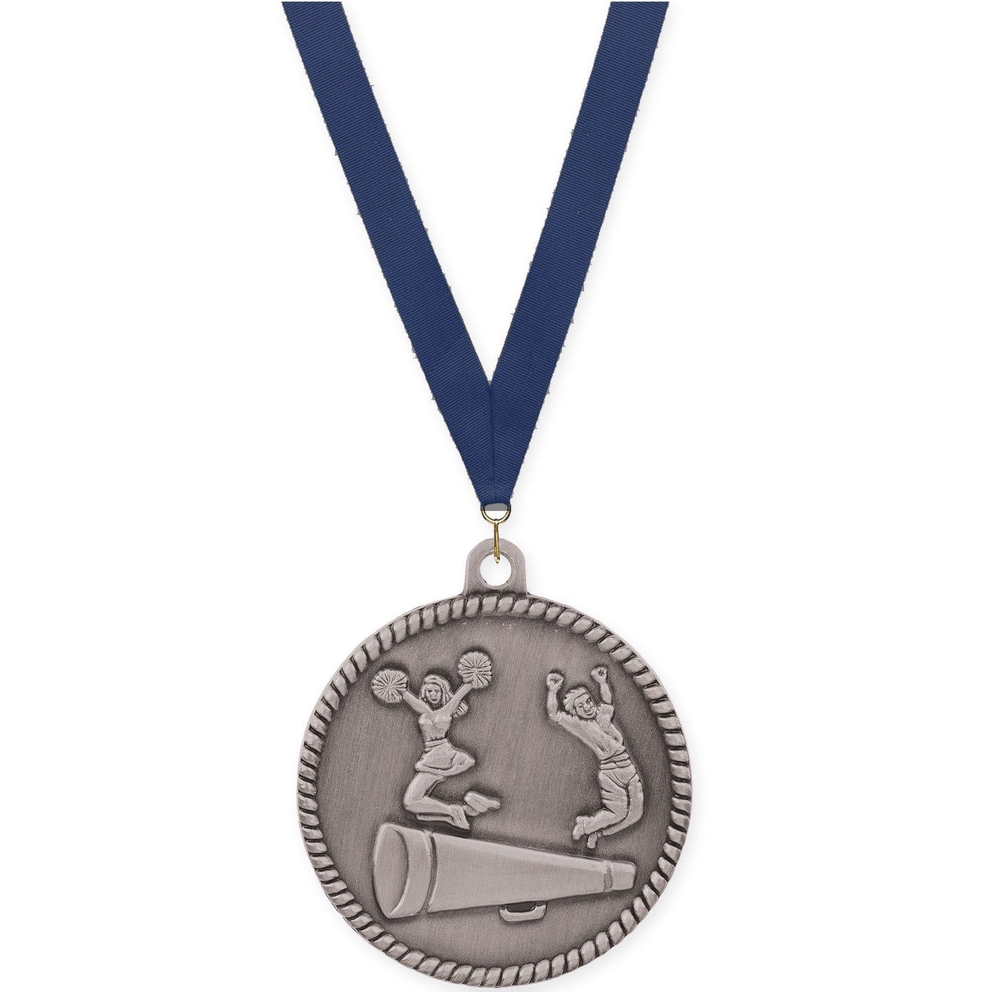 2 inch cheerleading High Relief medal in antique silver with Navy neck ribbon