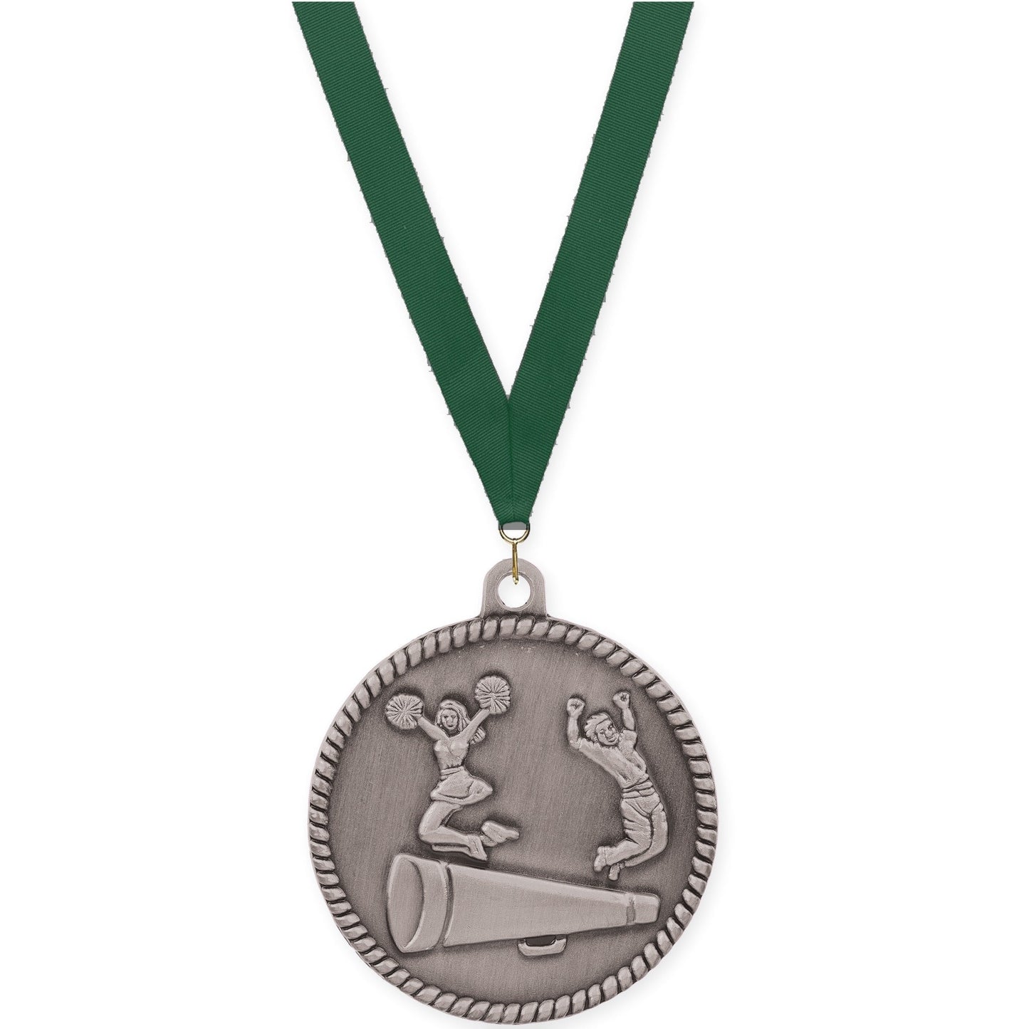 2 inch cheerleading High Relief medal in antique silver with Hunter Green neck ribbon