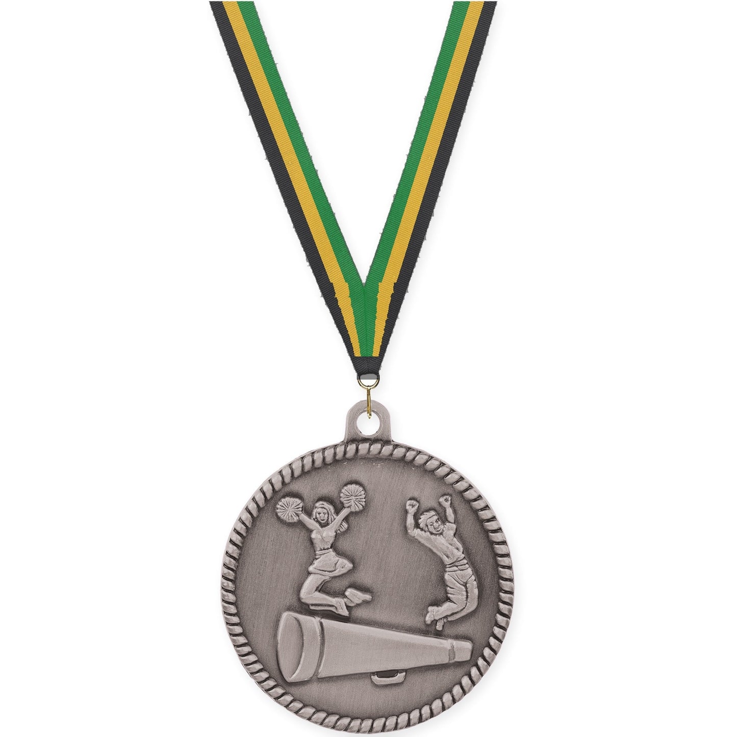 2 inch cheerleading High Relief medal in antique silver with Black Gold Green neck ribbon