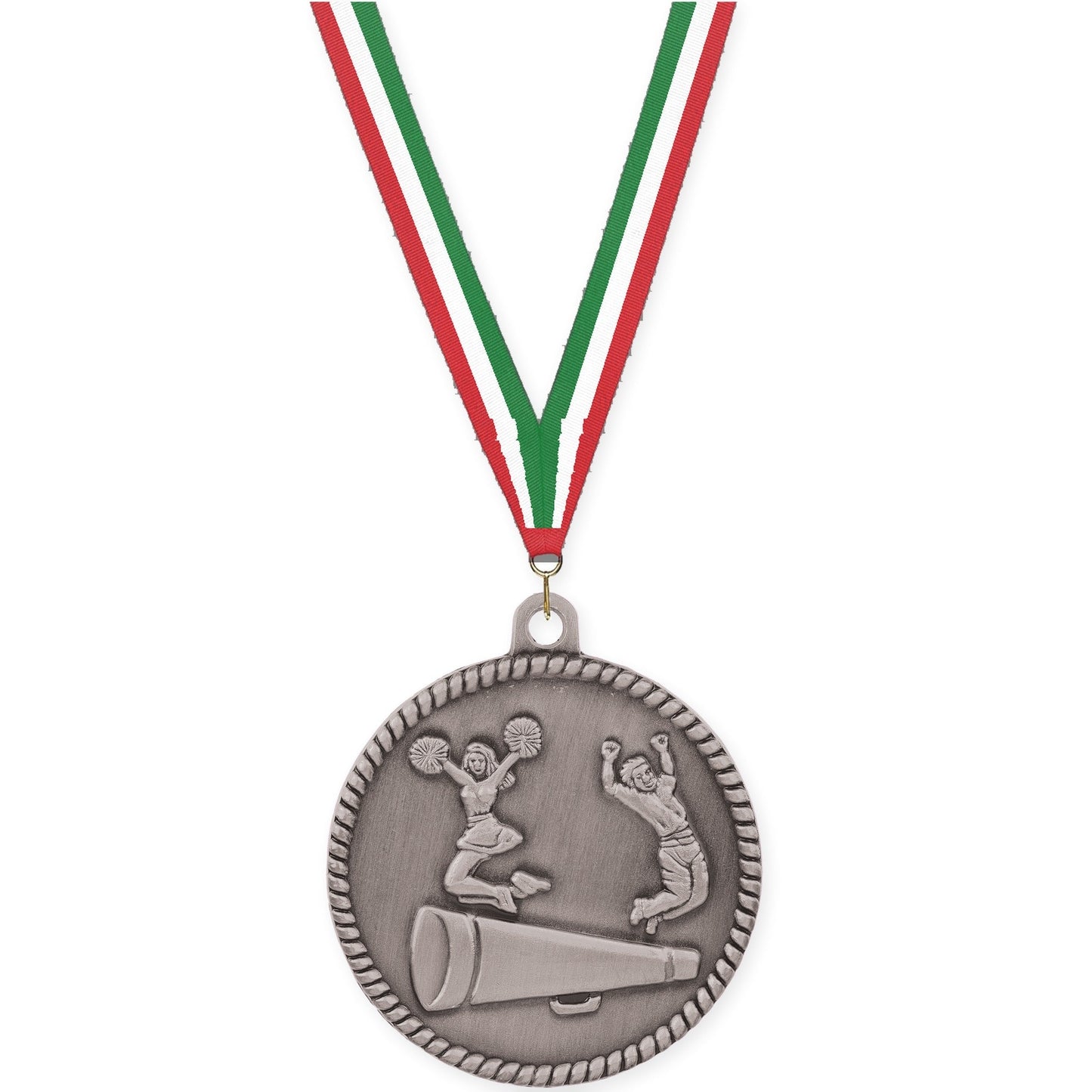 2 inch cheerleading High Relief medal in antique silver with Red White Green neck ribbon