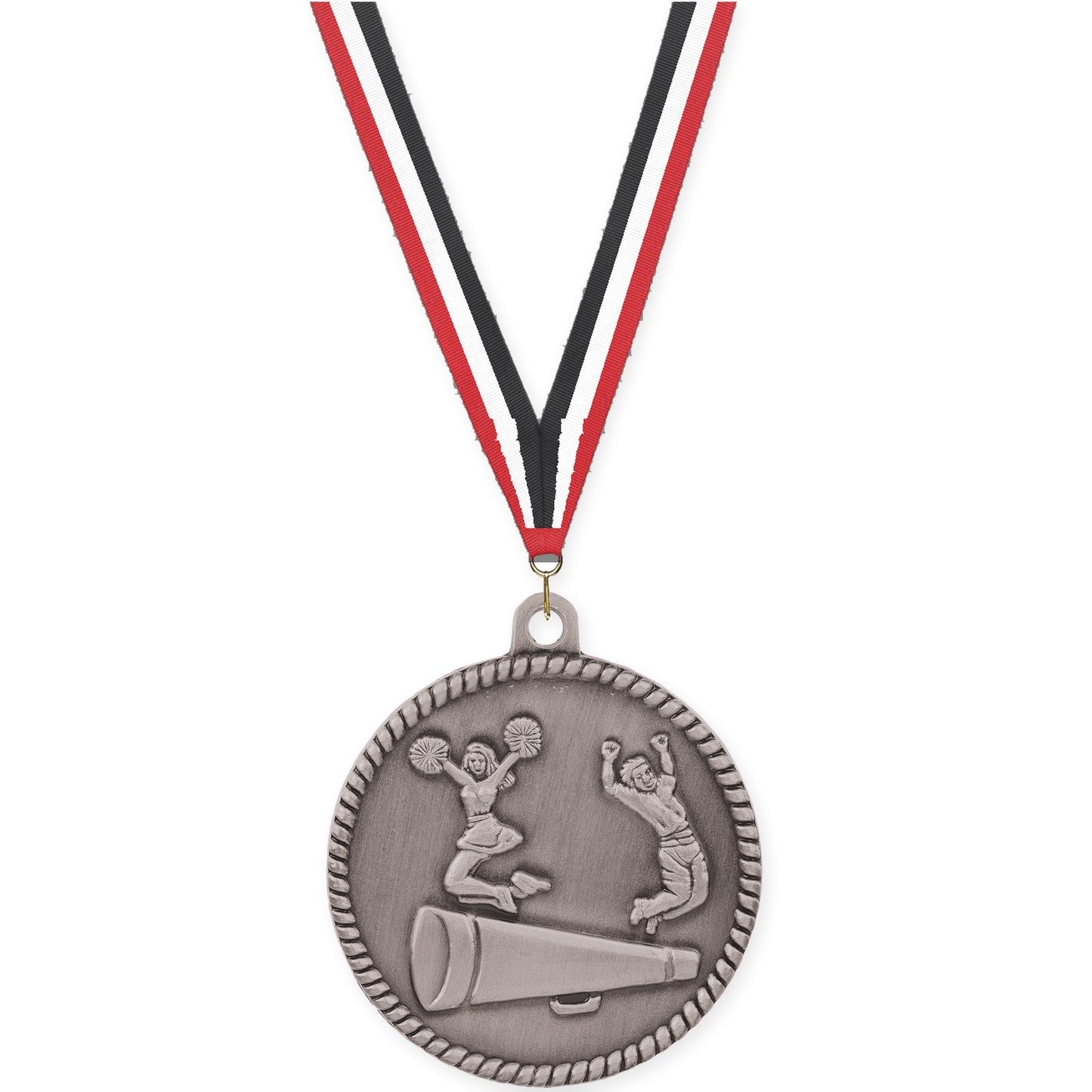2 inch cheerleading High Relief medal in antique silver with Red White Black neck ribbon