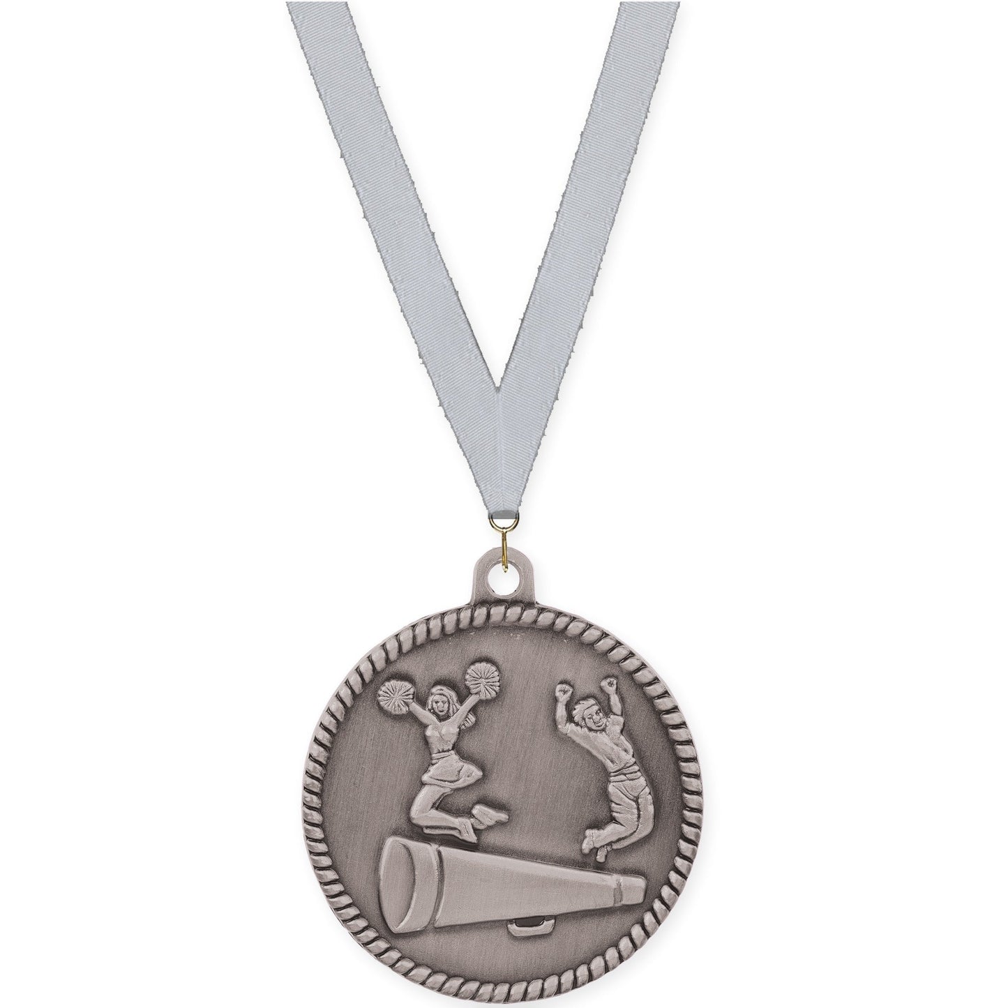 2 inch cheerleading High Relief medal in antique silver with Silver Metallic neck ribbon