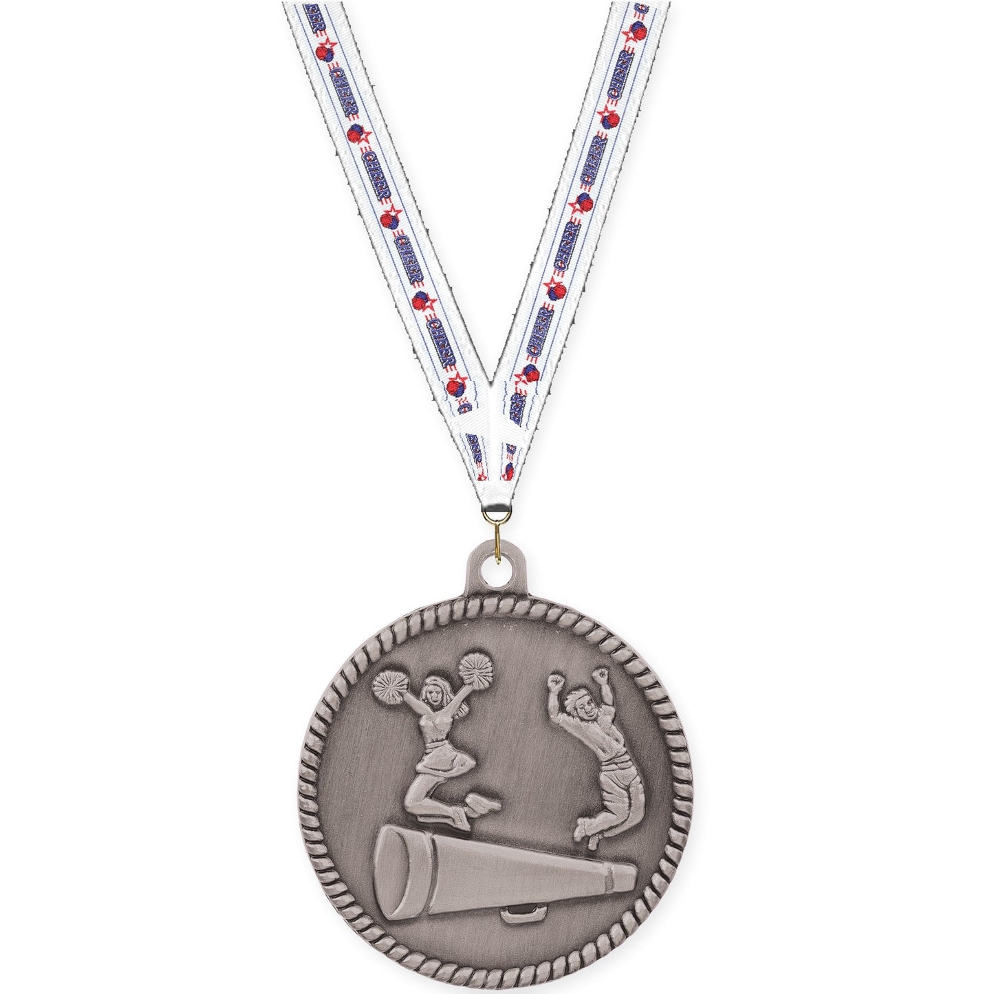2 inch cheerleading High Relief medal in antique silver with Cheerleading neck ribbon