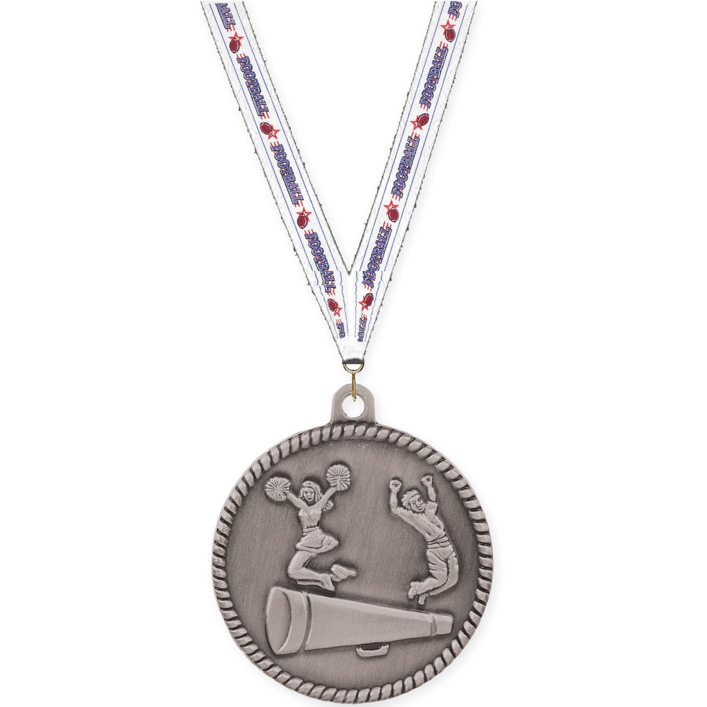 2 inch cheerleading High Relief medal in antique silver with Football neck ribbon