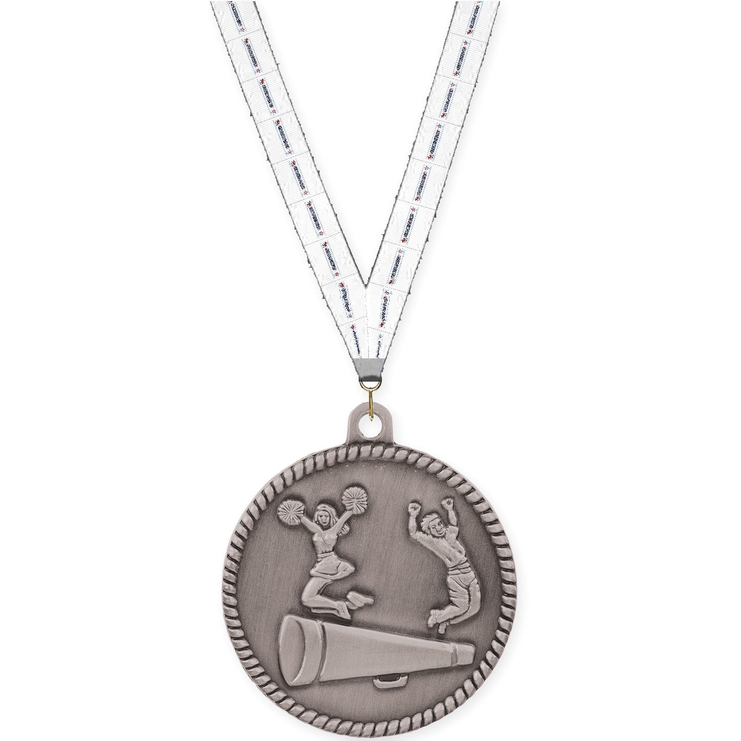 2 inch cheerleading High Relief medal in antique silver with Gymnastics neck ribbon