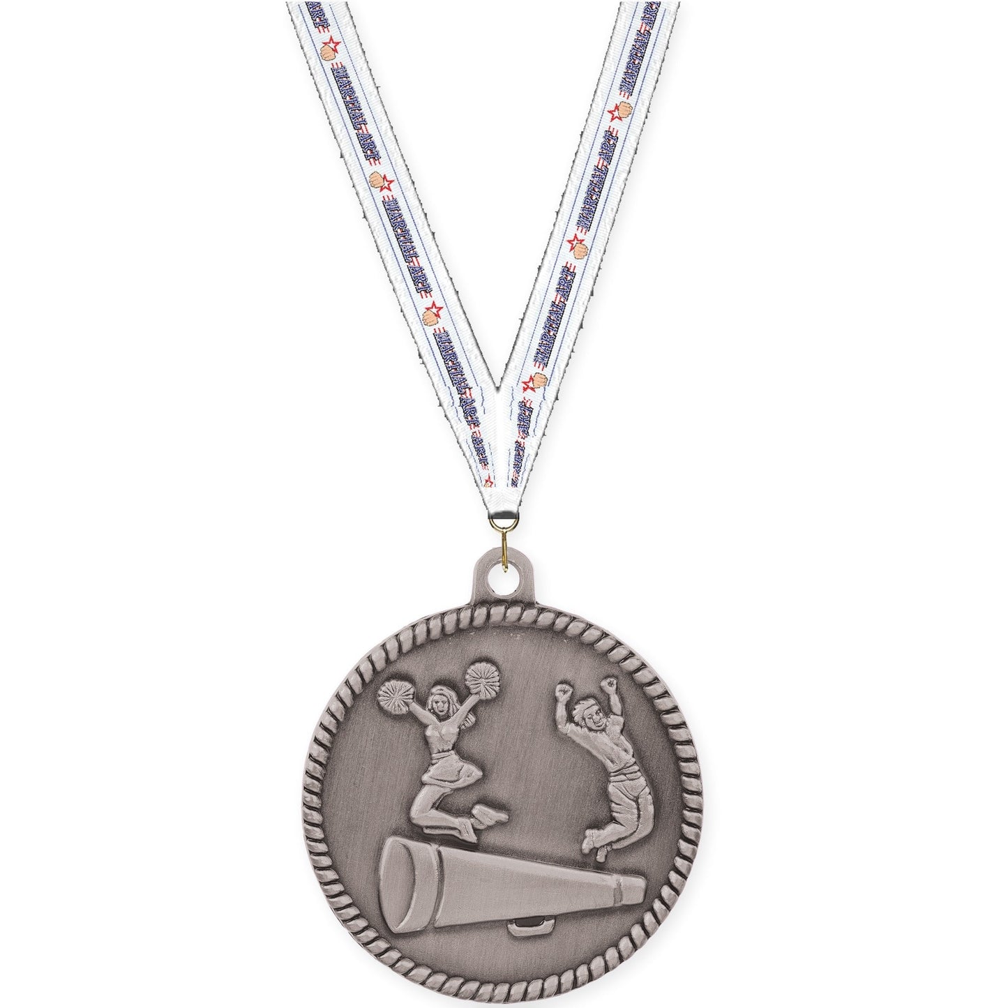 2 inch cheerleading High Relief medal in antique silver with Martial Arts neck ribbon