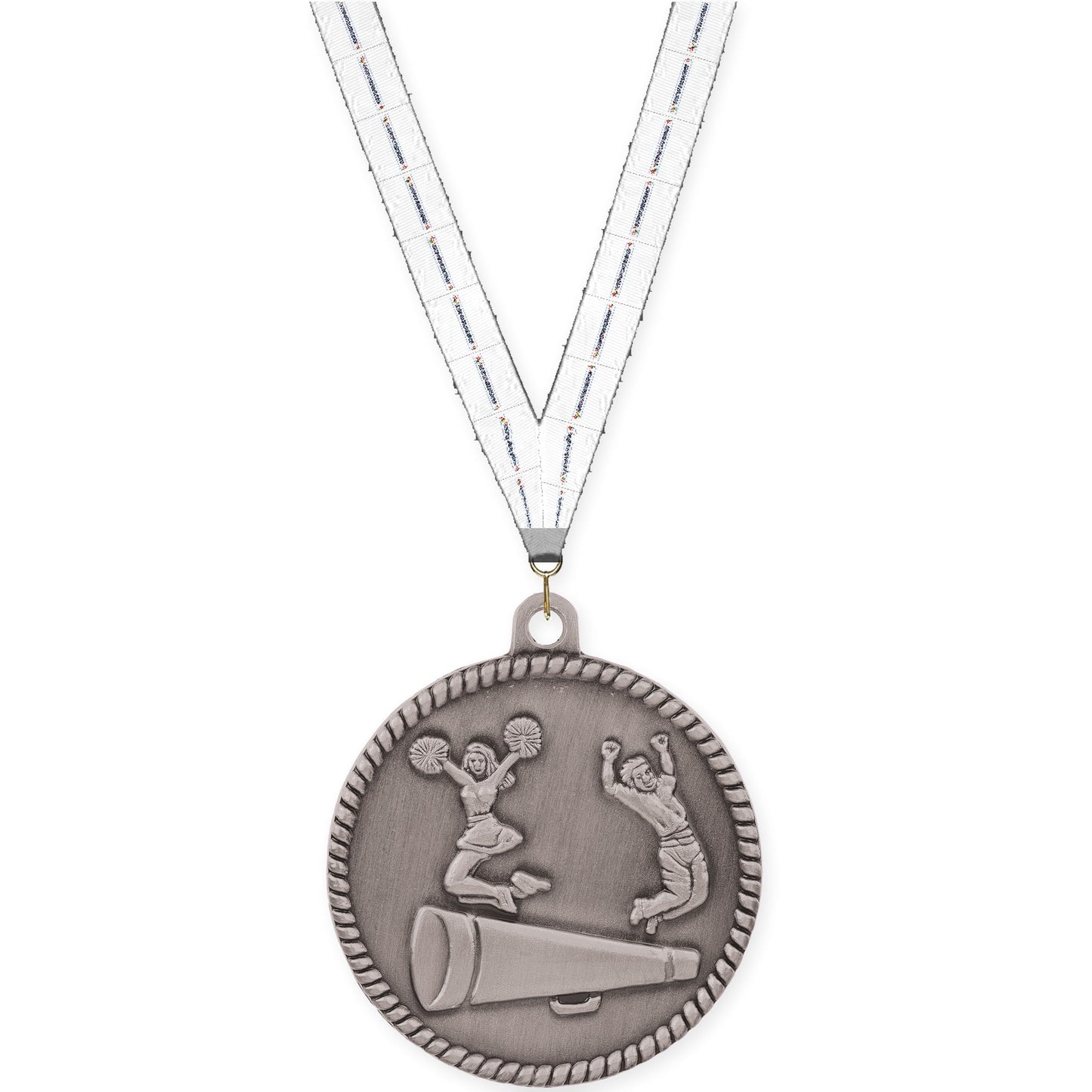 2 inch cheerleading High Relief medal in antique silver with Lamp Of Knowledge neck ribbon