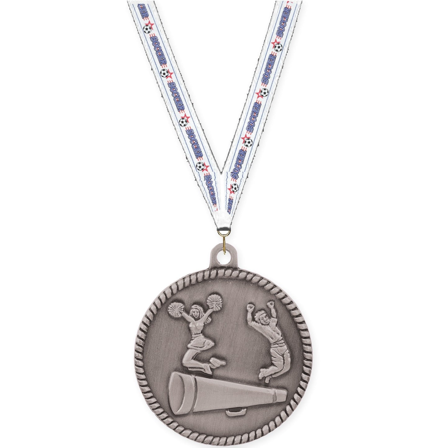 2 inch cheerleading High Relief medal in antique silver with Soccer neck ribbon