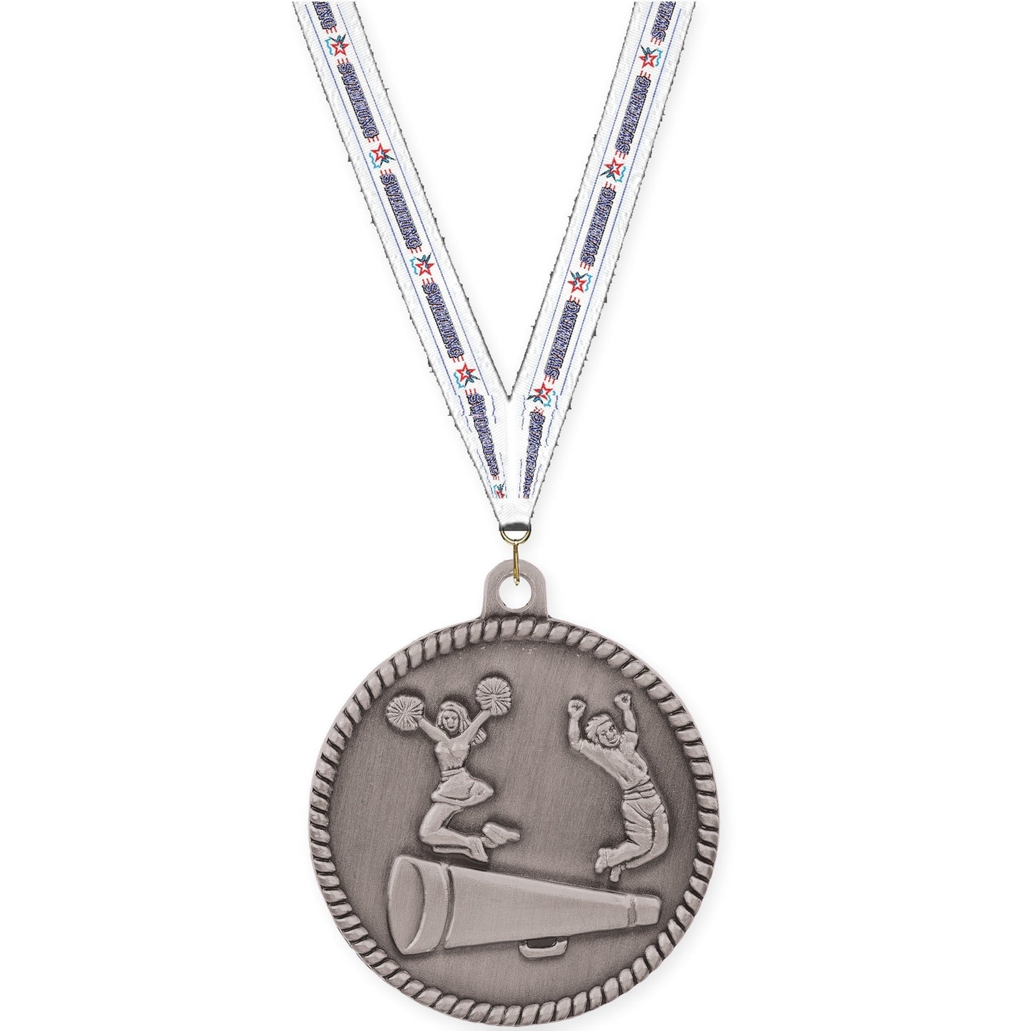 2 inch cheerleading High Relief medal in antique silver with Swimming neck ribbon