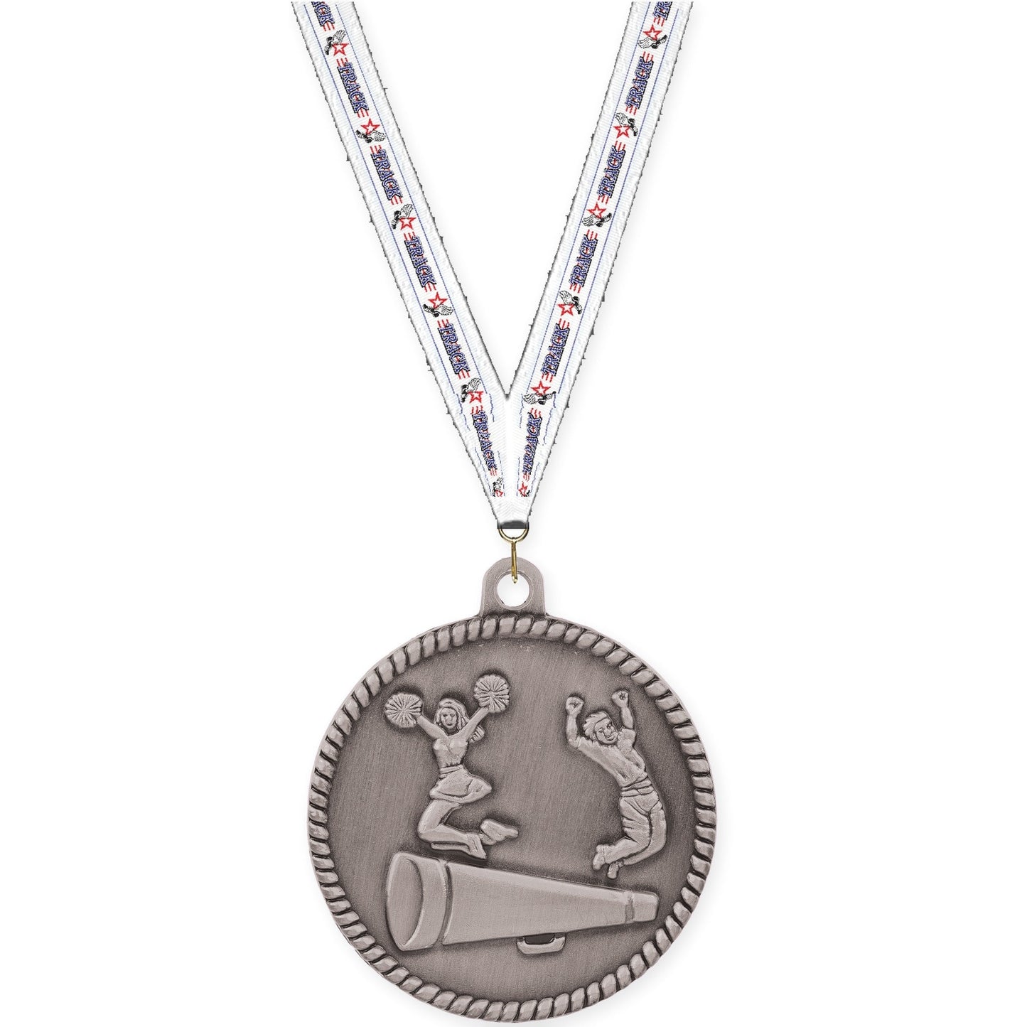 2 inch cheerleading High Relief medal in antique silver with Track neck ribbon