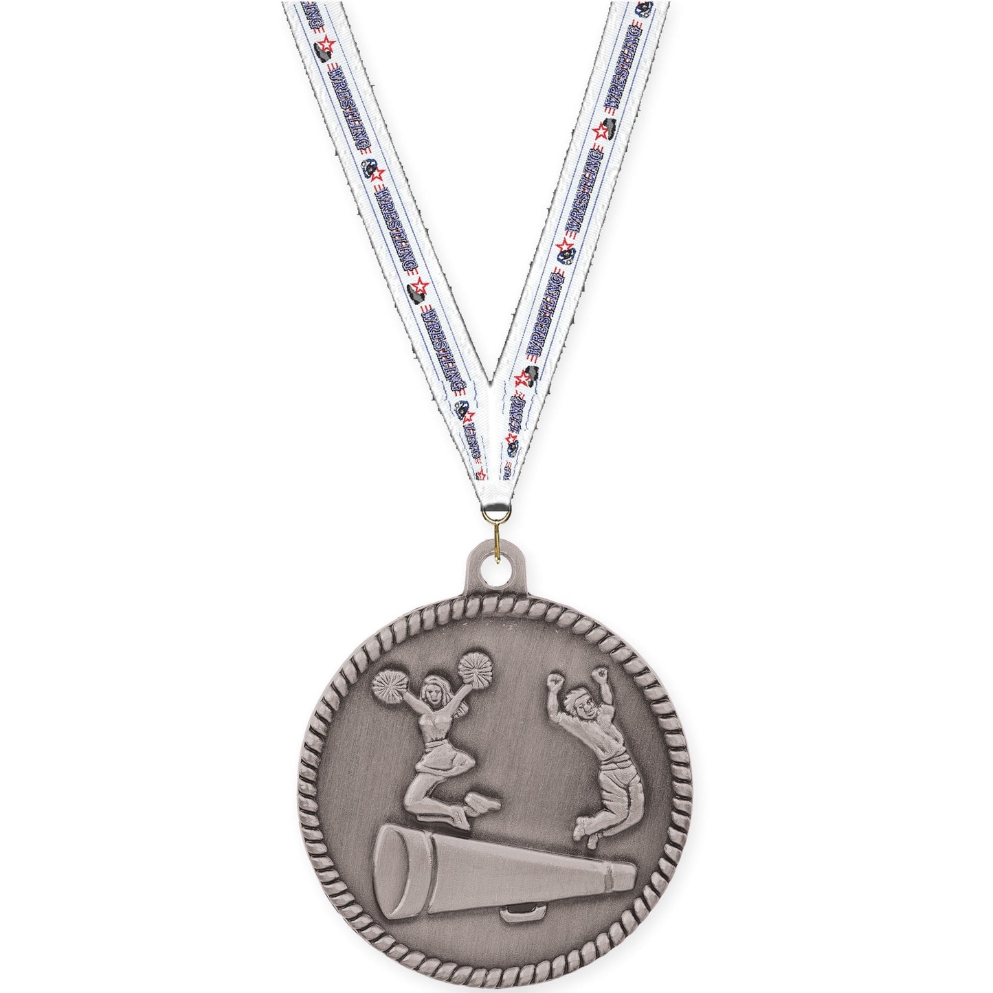 2 inch cheerleading High Relief medal in antique silver with Wrestling neck ribbon
