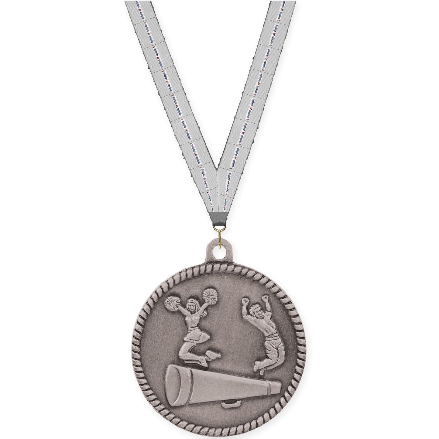 2 inch cheerleading High Relief medal in antique silver with Auto Racing neck ribbon