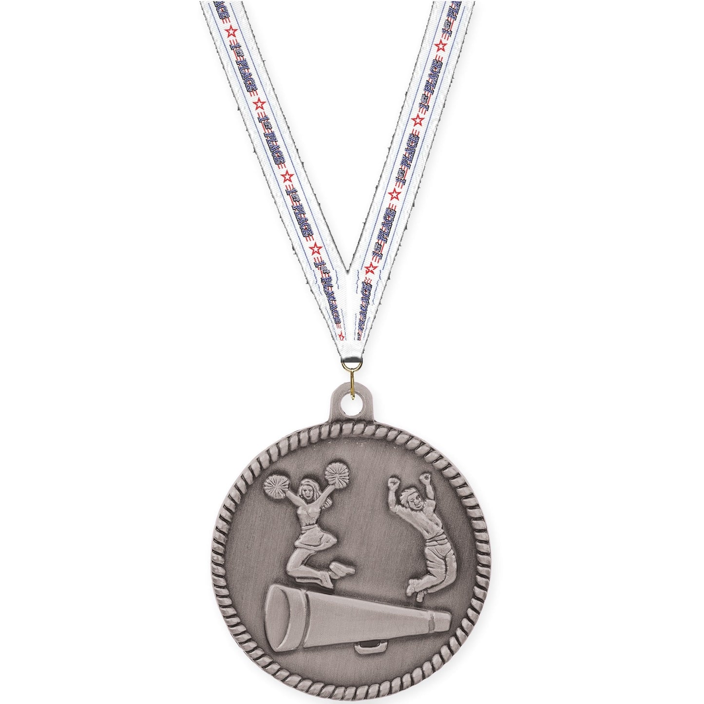 2 inch cheerleading High Relief medal in antique silver with 1st Place neck ribbon
