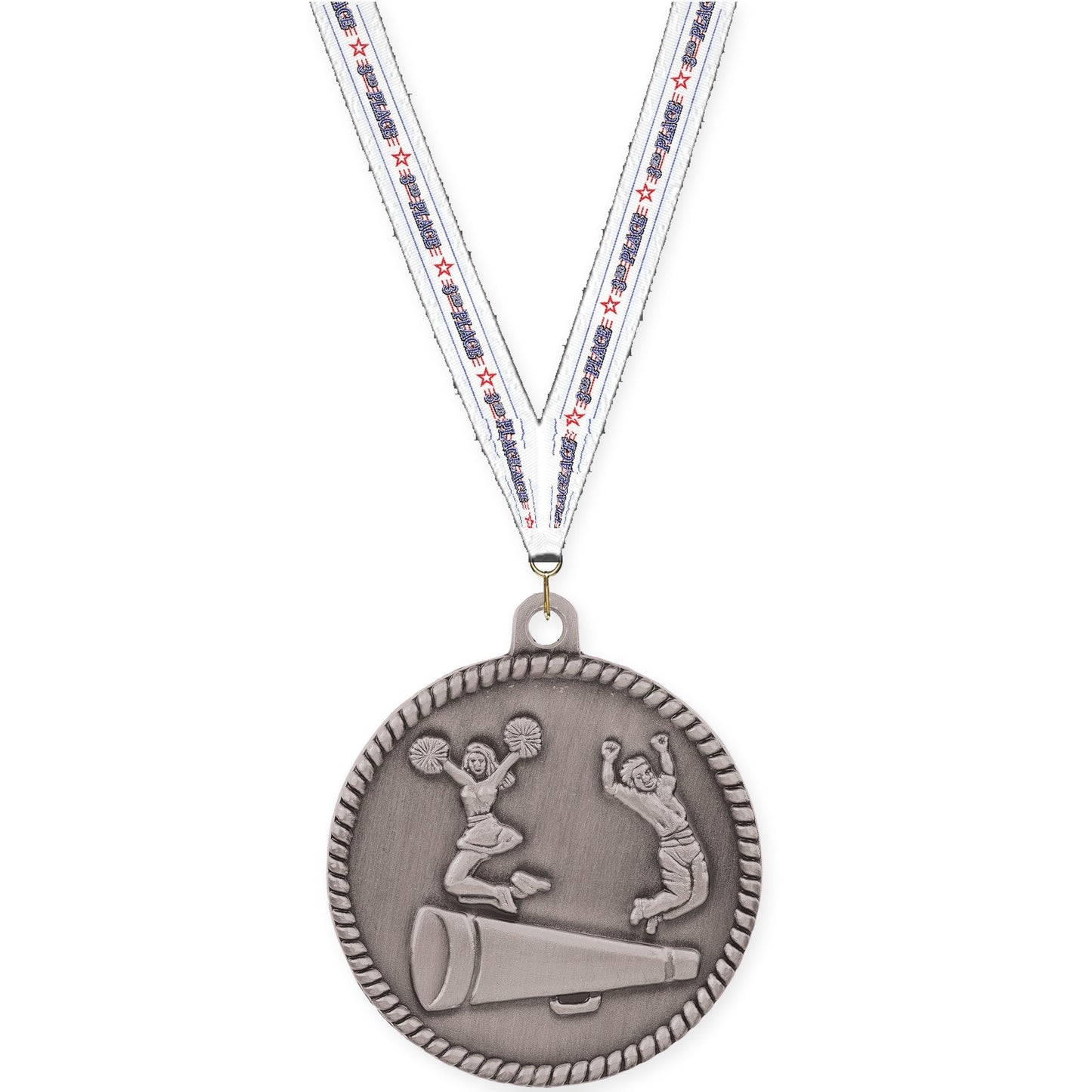 2 inch cheerleading High Relief medal in antique silver with 3rd Place neck ribbon