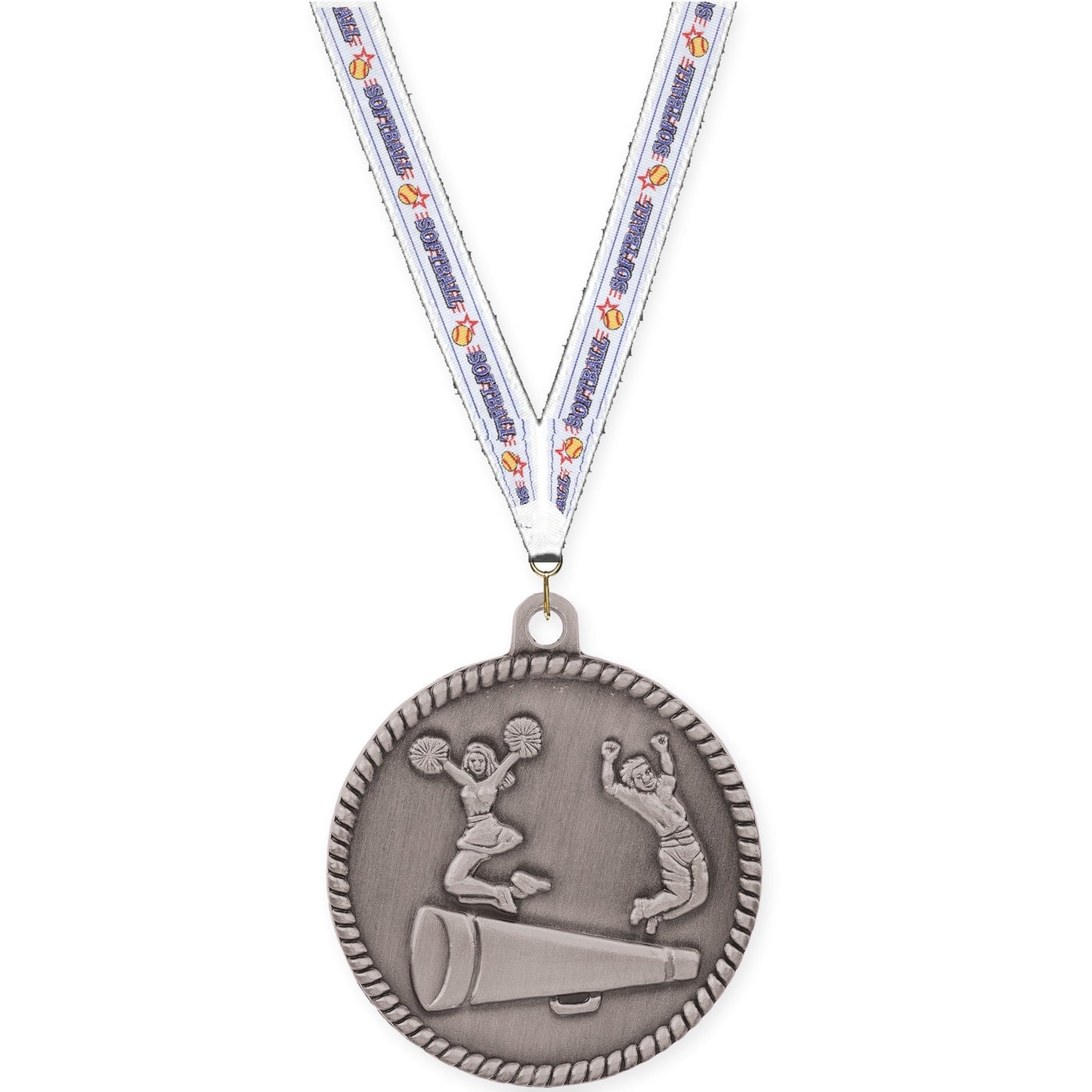 2 inch cheerleading High Relief medal in antique silver with Softball neck ribbon