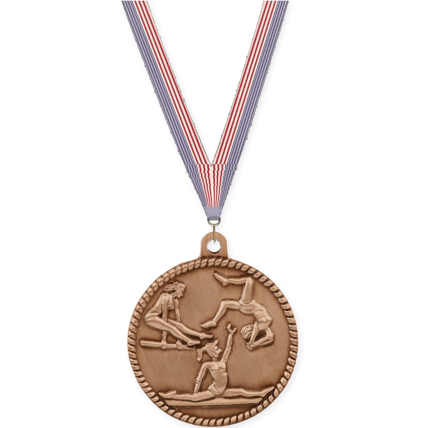 2 inch gymnastics High Relief medal in antique bronze with USA Flag neck ribbon
