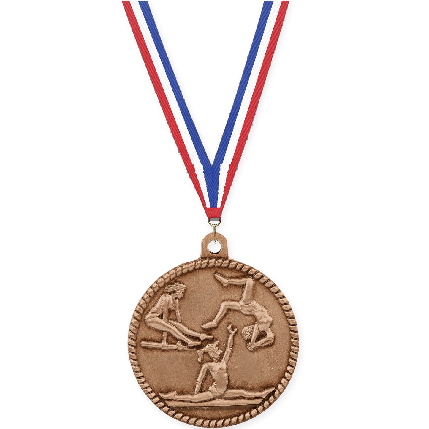 2 inch gymnastics High Relief medal in antique bronze with Red White Blue neck ribbon