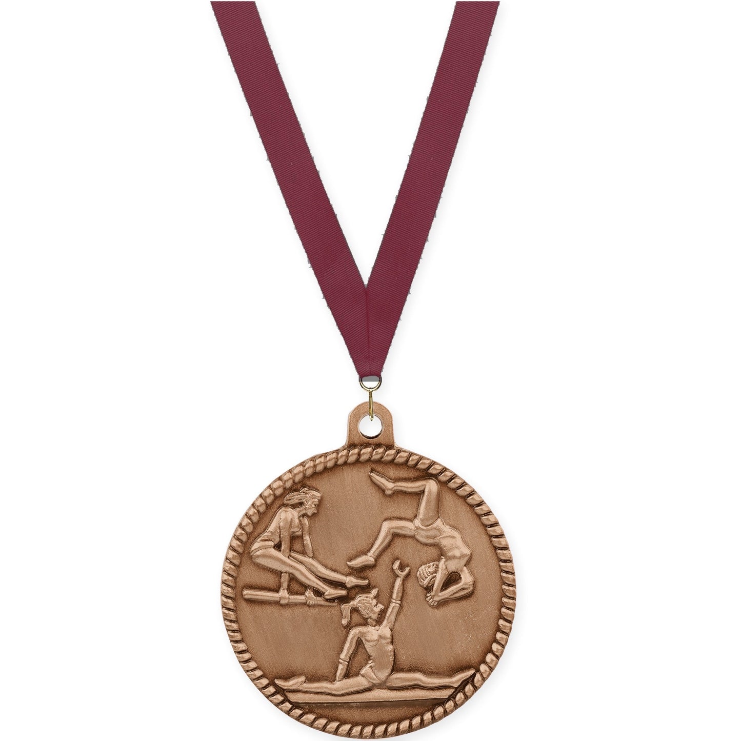 2 inch gymnastics High Relief medal in antique bronze with Maroon neck ribbon