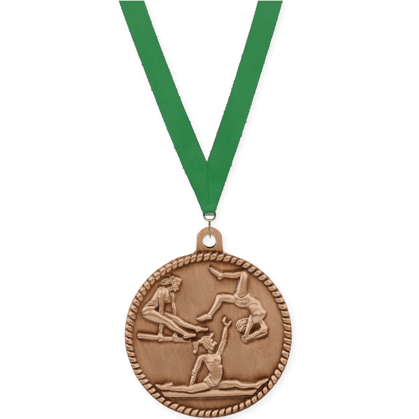 2 inch gymnastics High Relief medal in antique bronze with Green neck ribbon