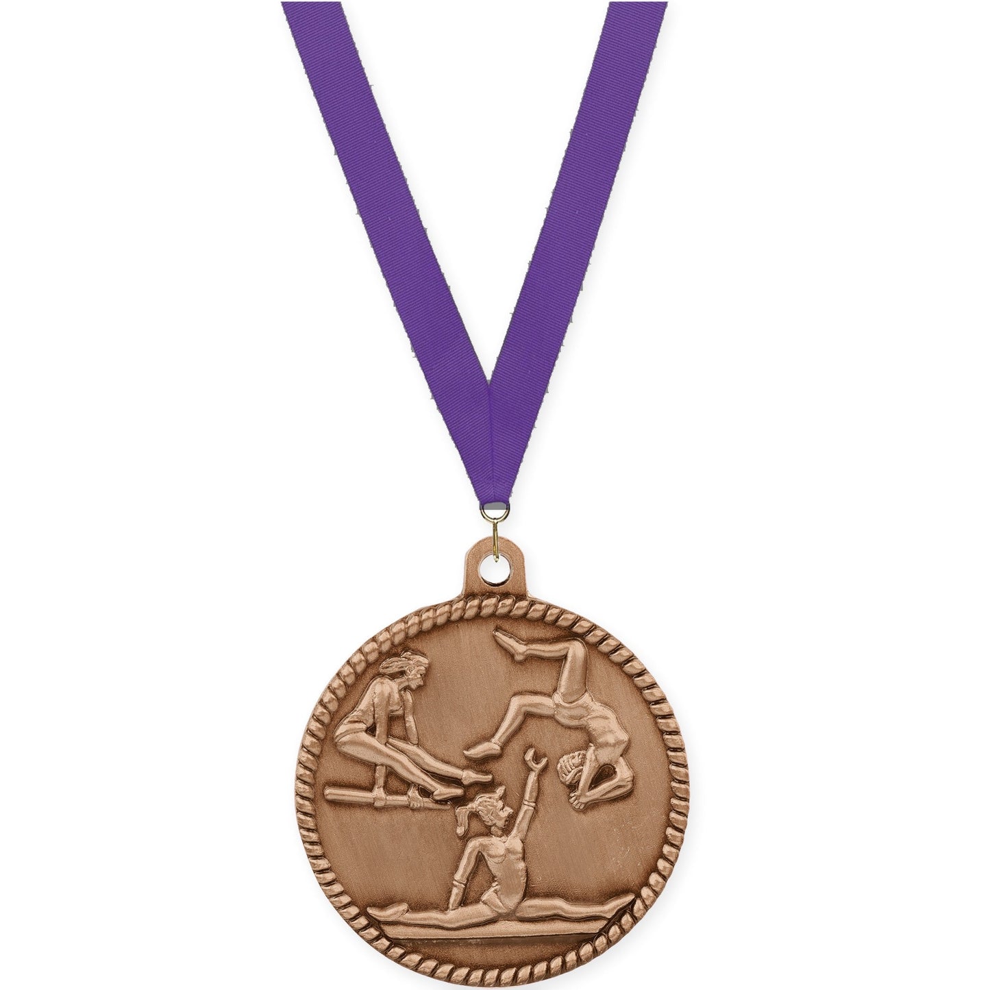 2 inch gymnastics High Relief medal in antique bronze with Purple neck ribbon