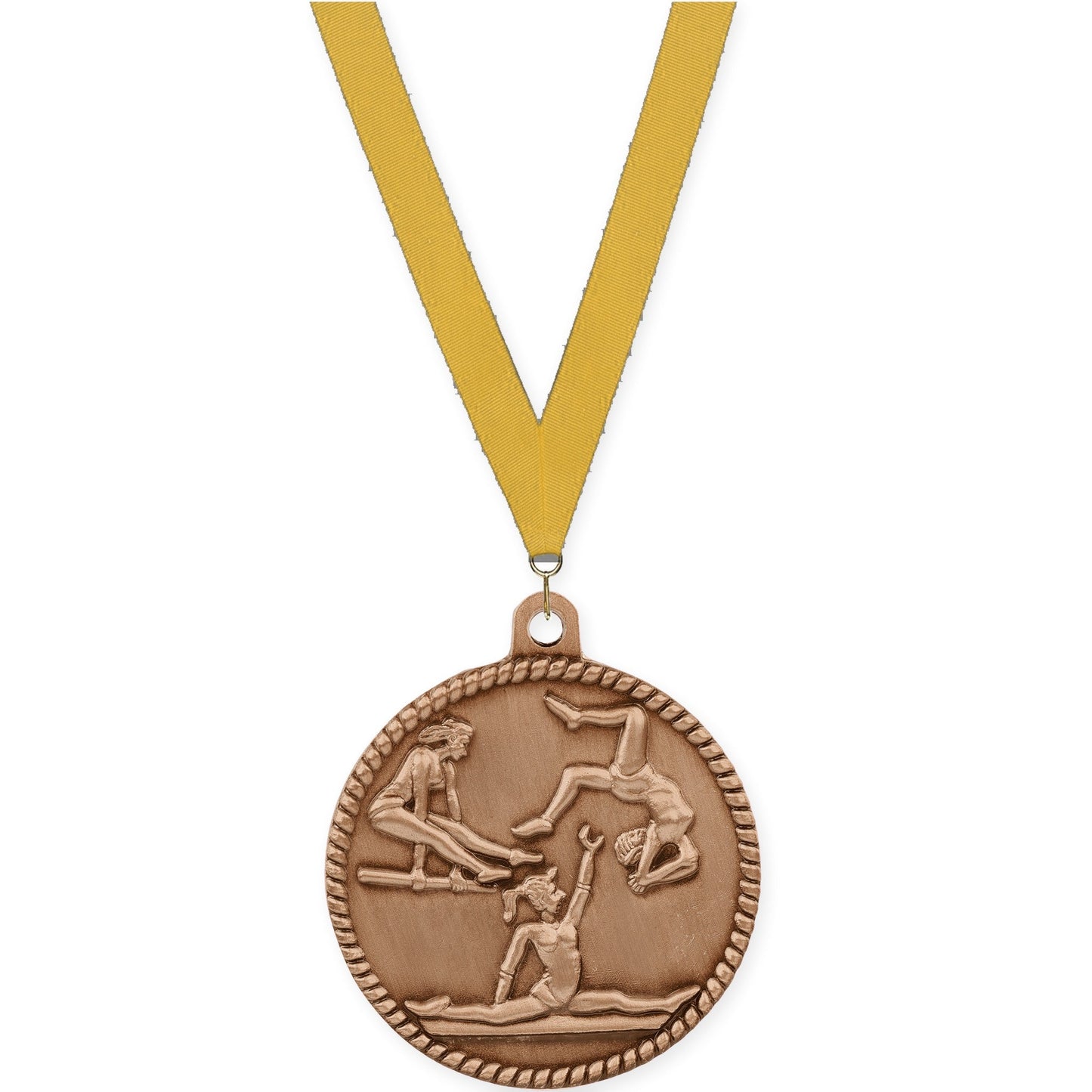 2 inch gymnastics High Relief medal in antique bronze with Gold neck ribbon
