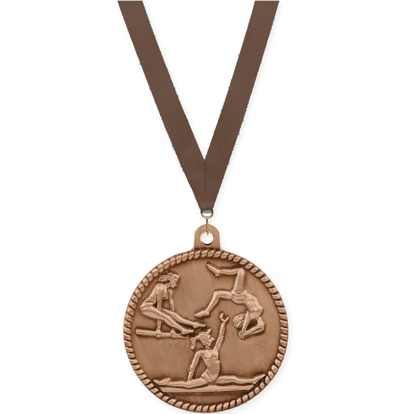 2 inch gymnastics High Relief medal in antique bronze with Brown neck ribbon