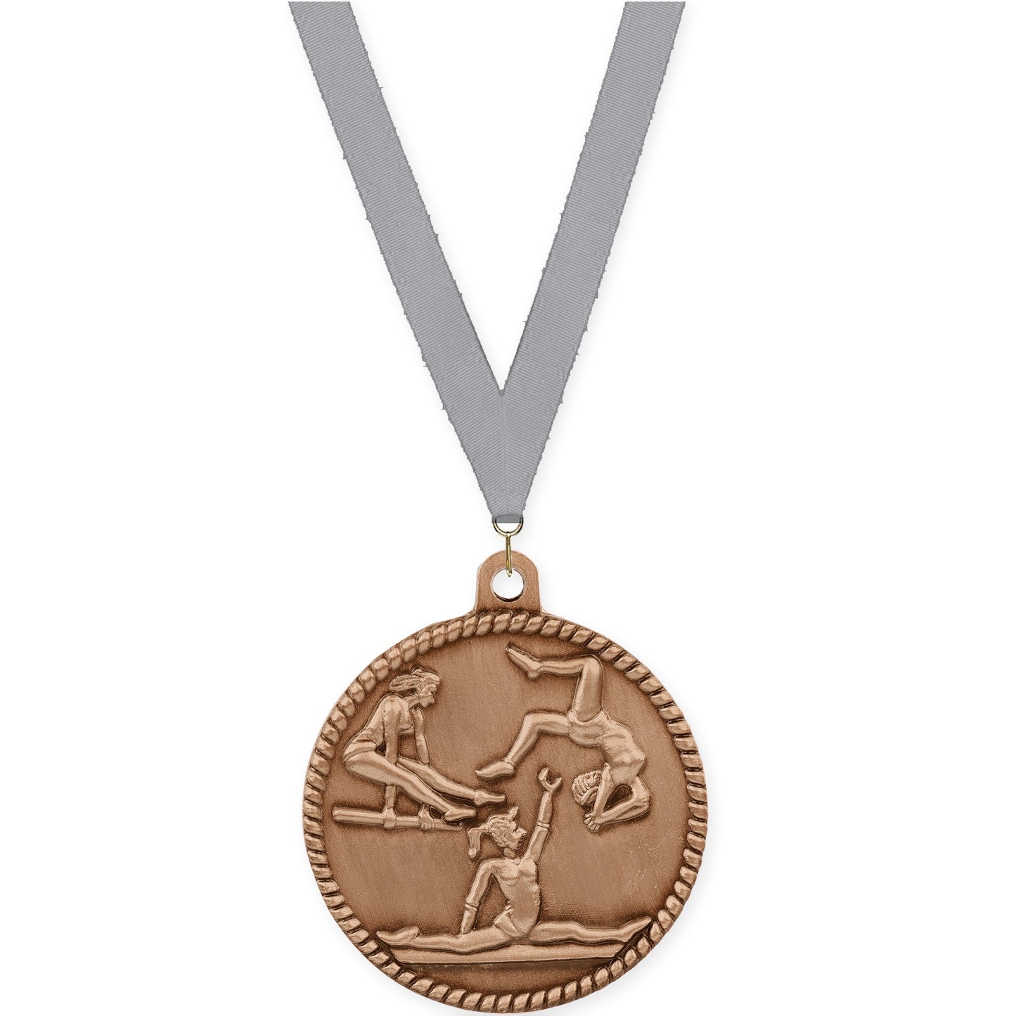 2 inch gymnastics High Relief medal in antique bronze with Gray neck ribbon