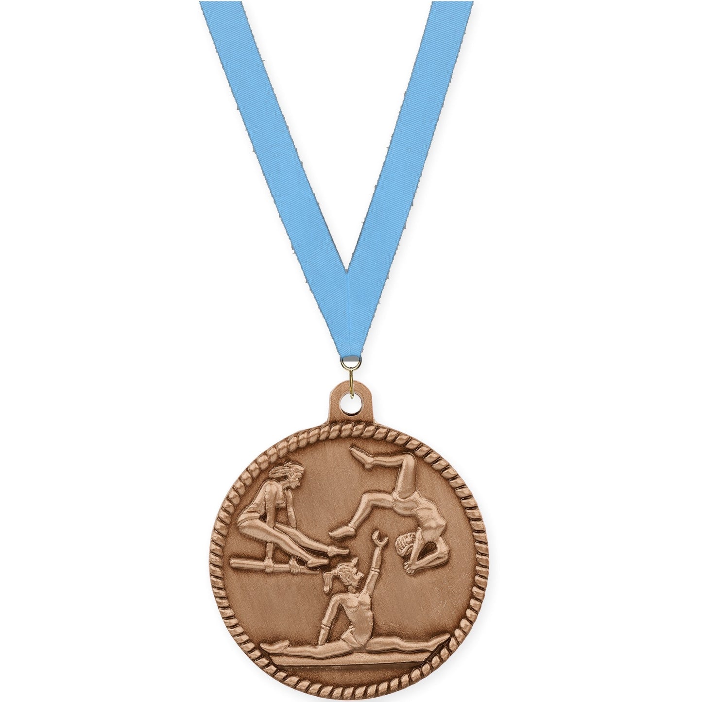 2 inch gymnastics High Relief medal in antique bronze with Light Blue neck ribbon