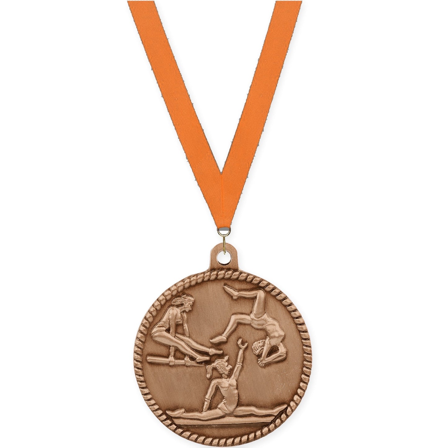 2 inch gymnastics High Relief medal in antique bronze with Orange neck ribbon