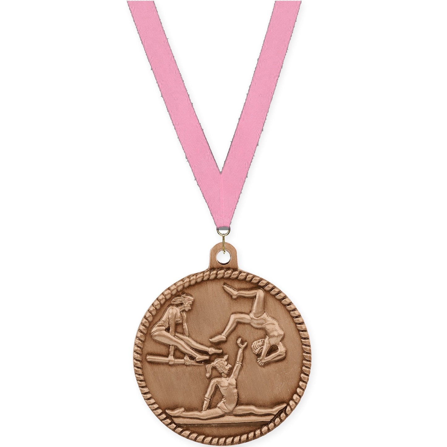 2 inch gymnastics High Relief medal in antique bronze with Pink neck ribbon