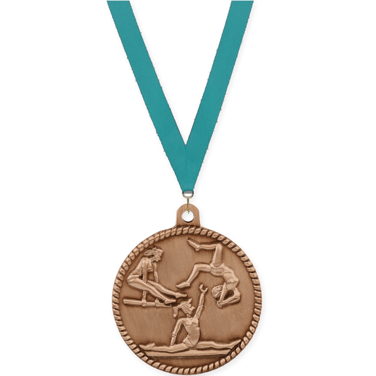 2 inch gymnastics High Relief medal in antique bronze with Teal neck ribbon