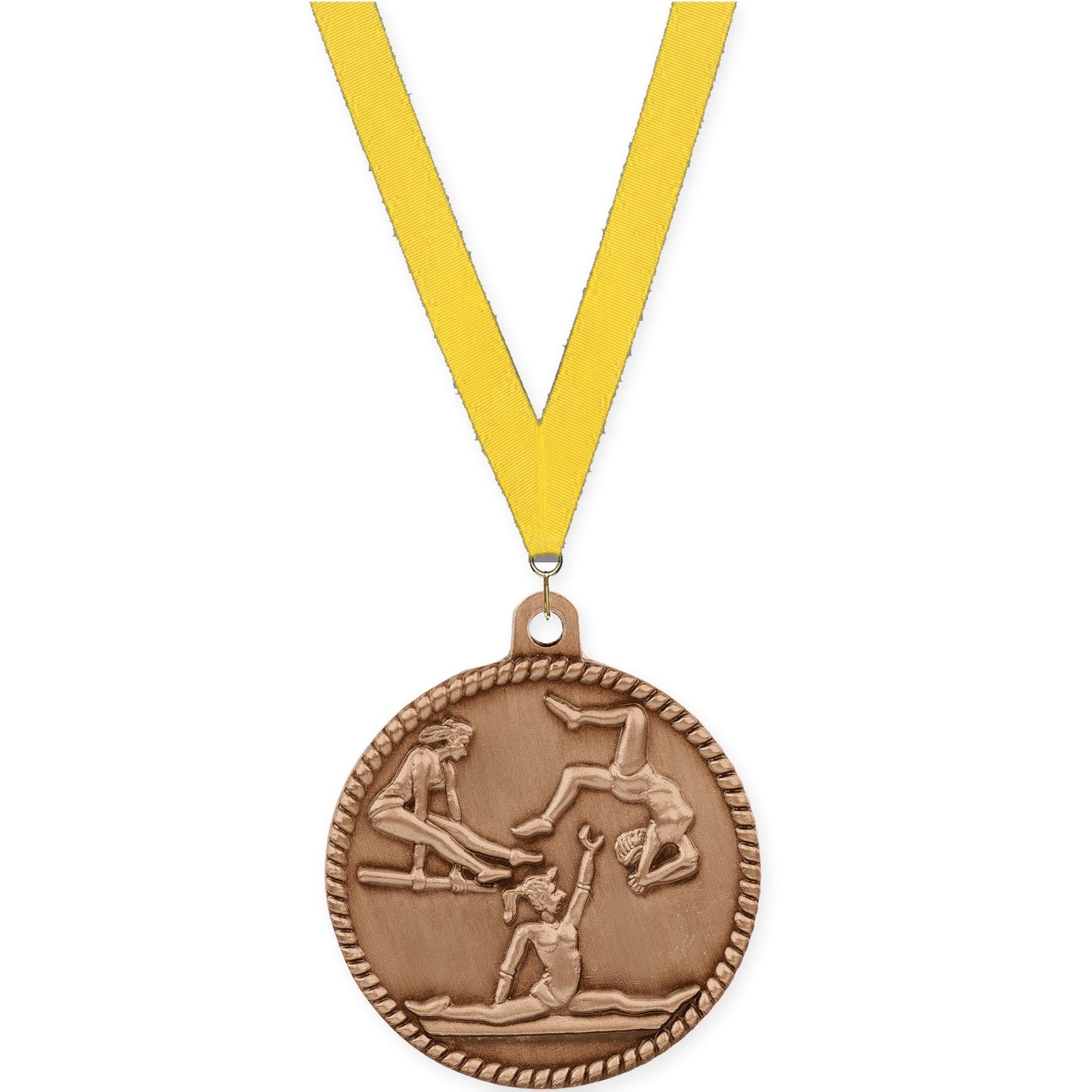 2 inch gymnastics High Relief medal in antique bronze with Yellow neck ribbon