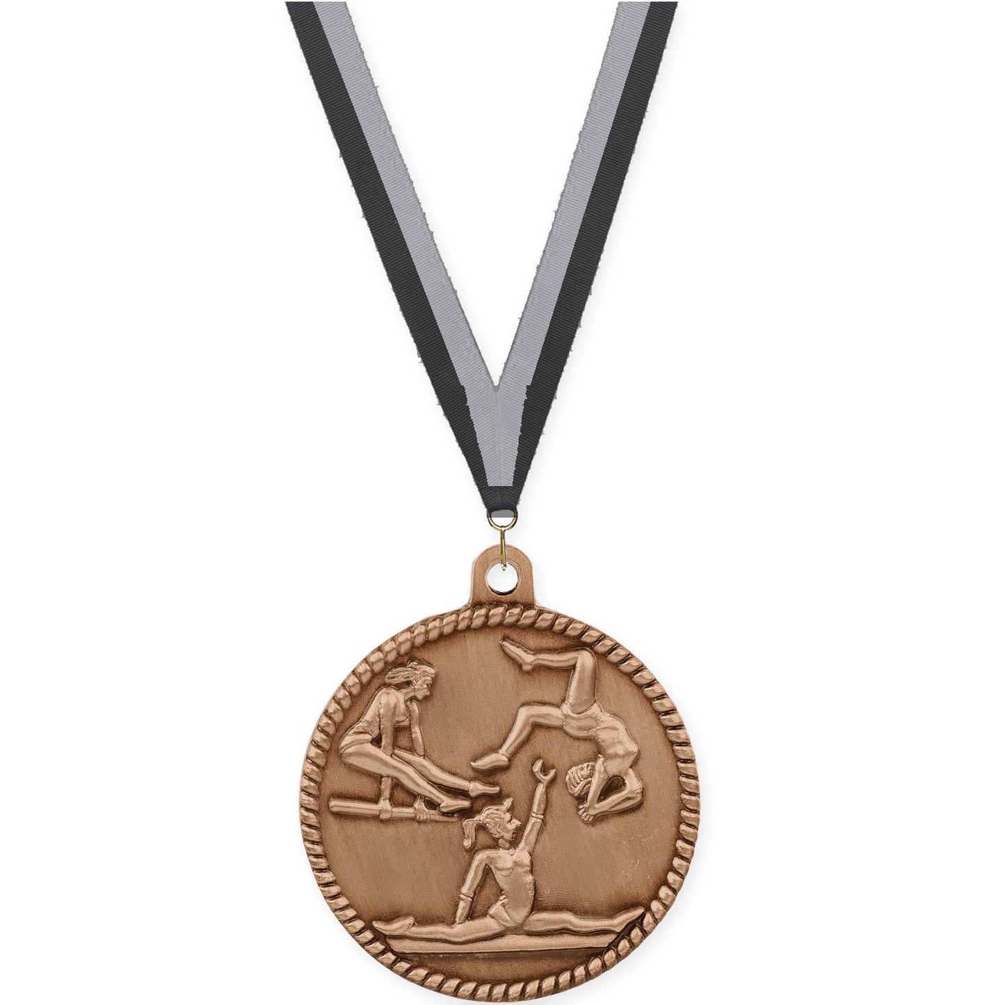 2 inch gymnastics High Relief medal in antique bronze with Black Gray neck ribbon