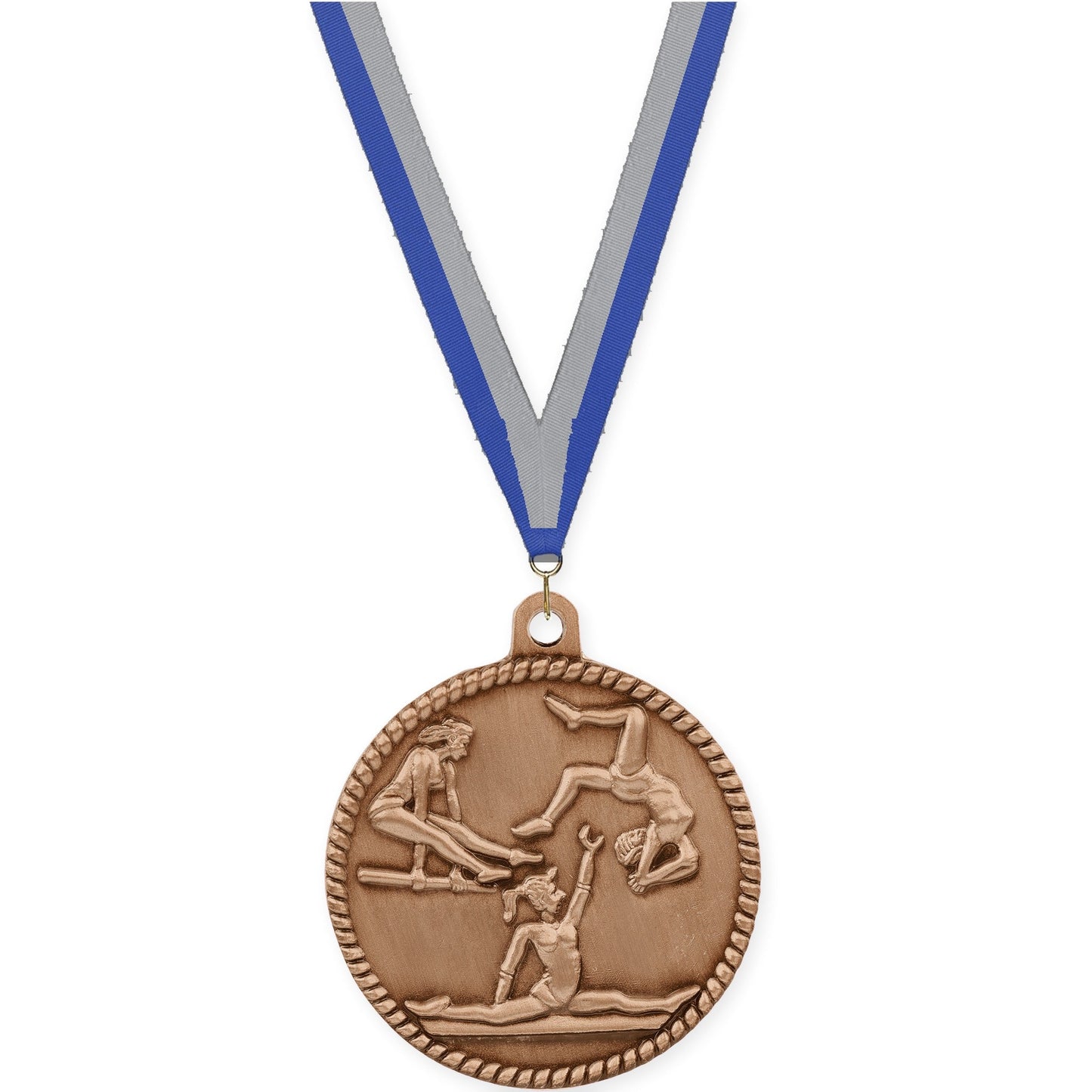 2 inch gymnastics High Relief medal in antique bronze with Blue Gray neck ribbon