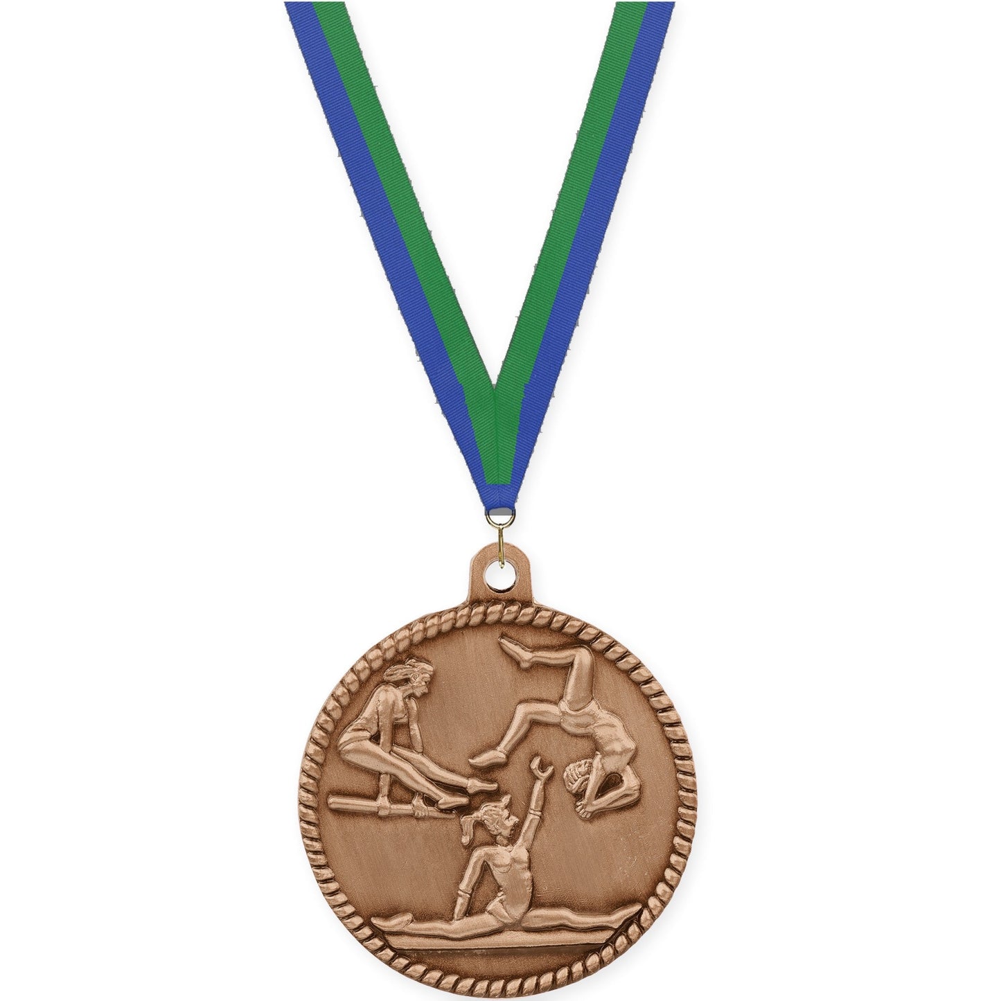 2 inch gymnastics High Relief medal in antique bronze with Blue Green neck ribbon