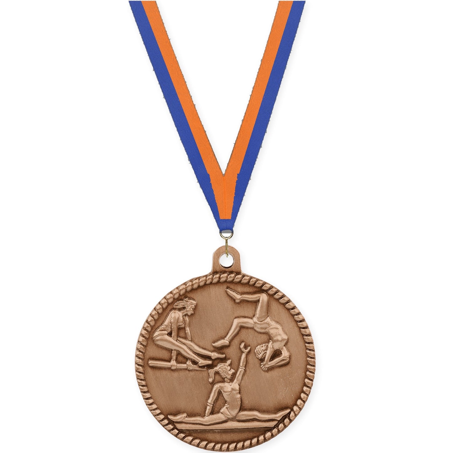 2 inch gymnastics High Relief medal in antique bronze with Blue Orange neck ribbon