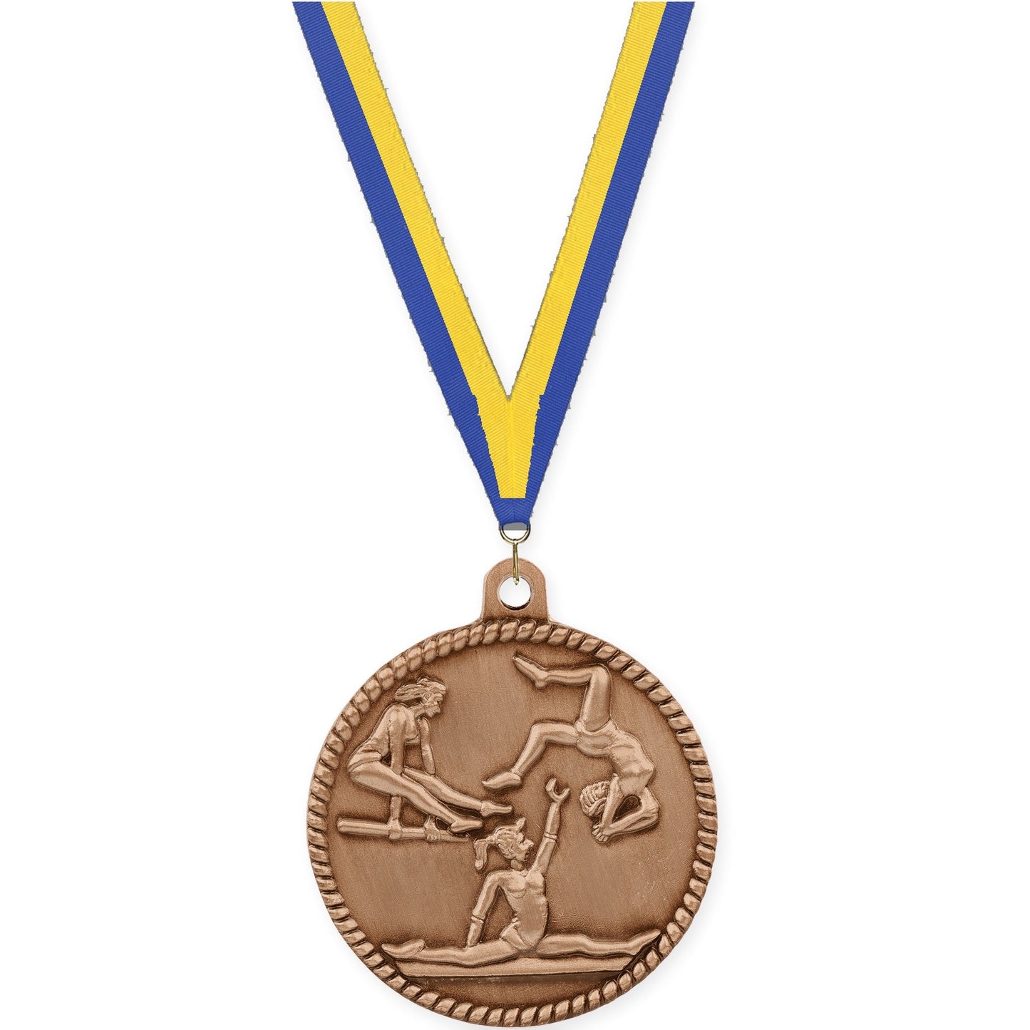 2 inch gymnastics High Relief medal in antique bronze with Blue Yellow neck ribbon