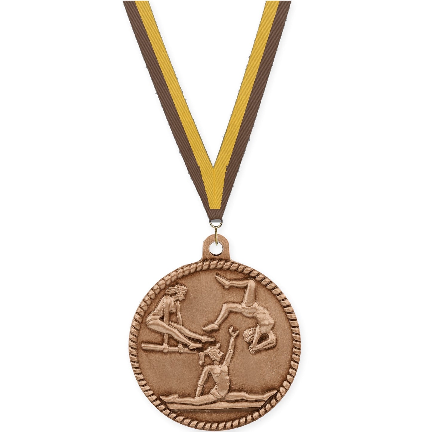 2 inch gymnastics High Relief medal in antique bronze with Brown Gold neck ribbon